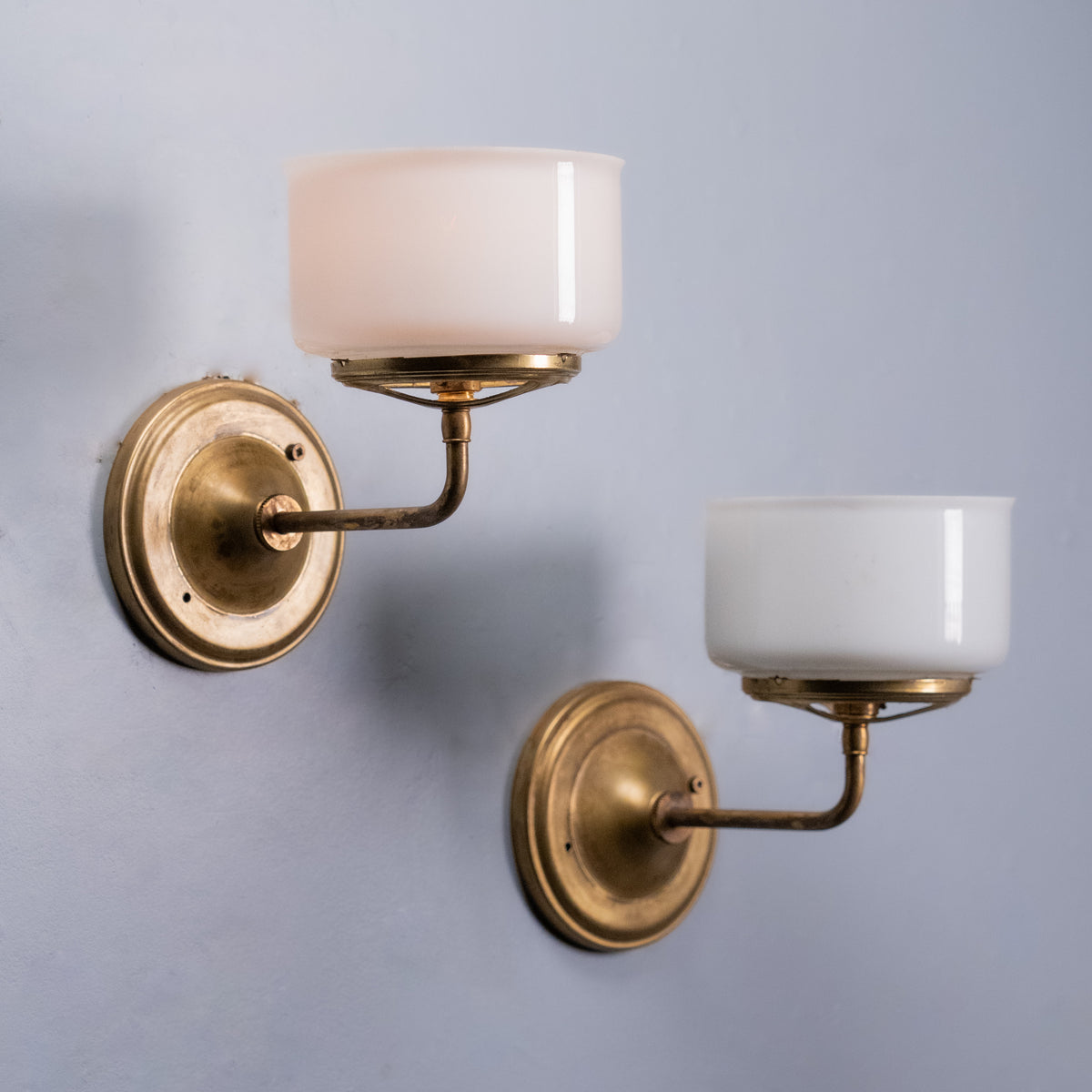 Antique Brass Wall Sconce with Opaline Glass Shade c.1900–1920 Edwardian Industrial Lighting