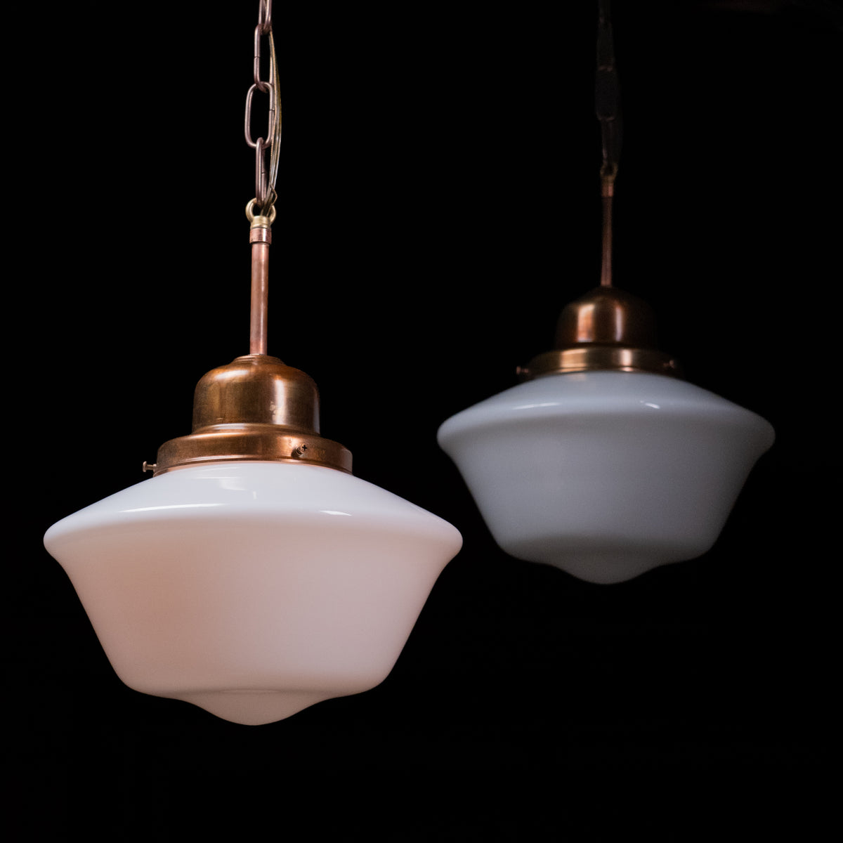 Set of four antique copper and opal glass pendant lights circa 1920 | Scott Landon Antiques and Interiors.