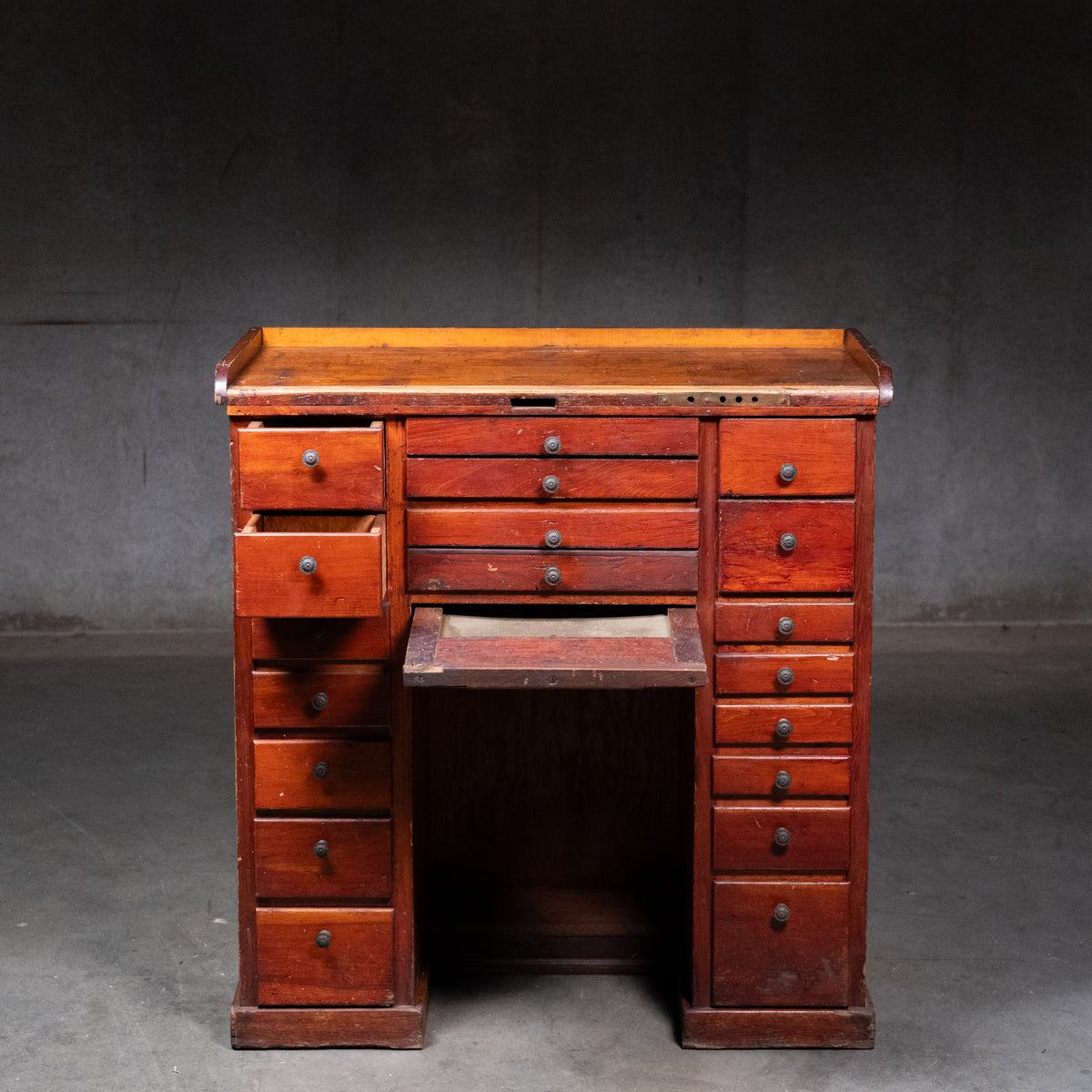 Antique c. 1900 jeweller’s and watchmaker’s workbench with fitted miniature parts drawers and original working finish | Scott Landon Antiques and Interiors.