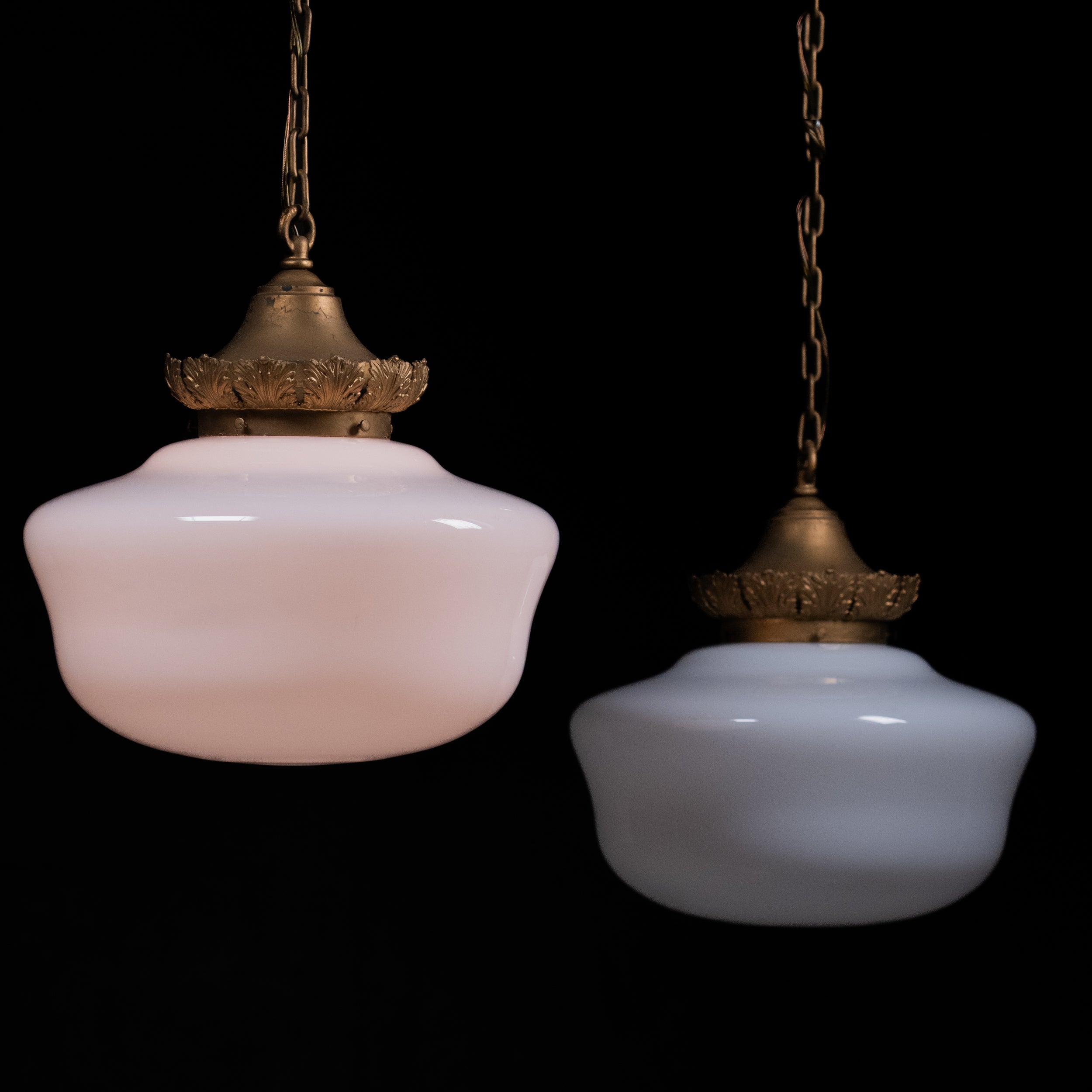 1920 set of 8 brass bank milkglass pendant lights