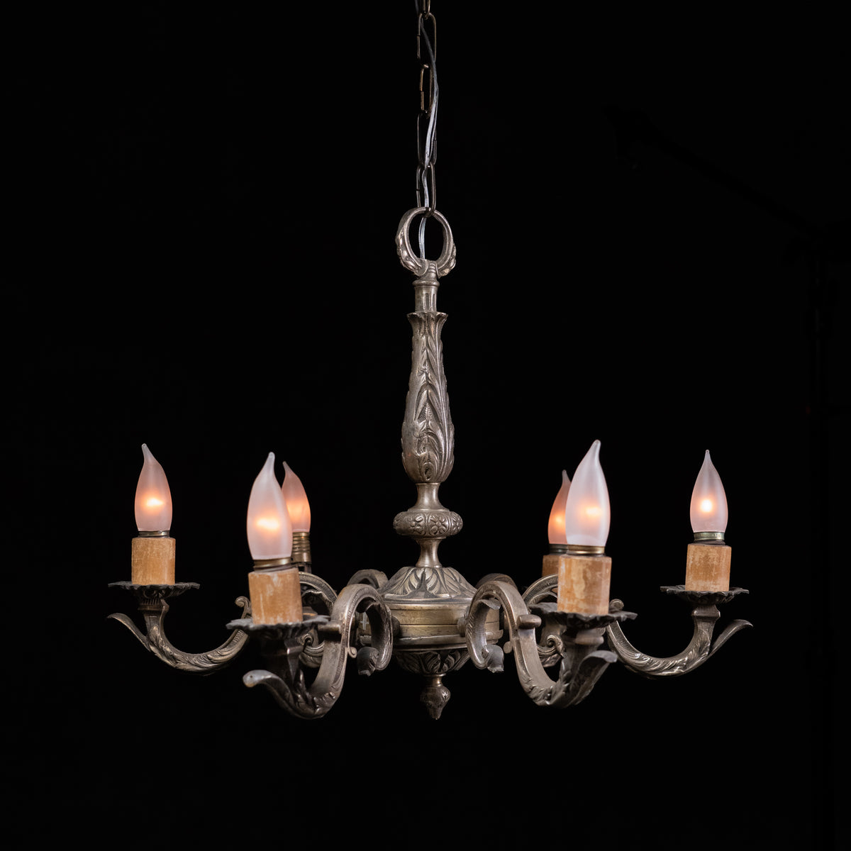  Antique French silvered bronze six-light chandelier circa 1920 with foliate cast decoration and scrolling arms, 24 inches diameter | Scott Landon Antiques and Interiors.