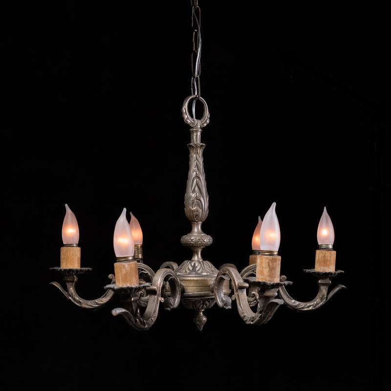  Antique French silvered bronze six-light chandelier circa 1920 with foliate cast decoration and scrolling arms, 24 inches diameter | Scott Landon Antiques and Interiors.