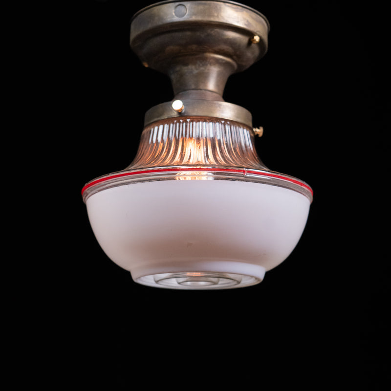 Antique 1930s Art Deco semi-flush ceiling light with molded frosted glass shade, clear ribbed glass and red accent detail | Scott Landon Antiques and Interiors.