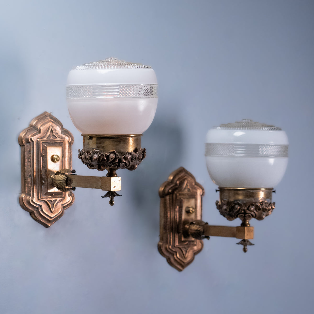 Bronze Light Sconces with Decorative Milk Glass Shades