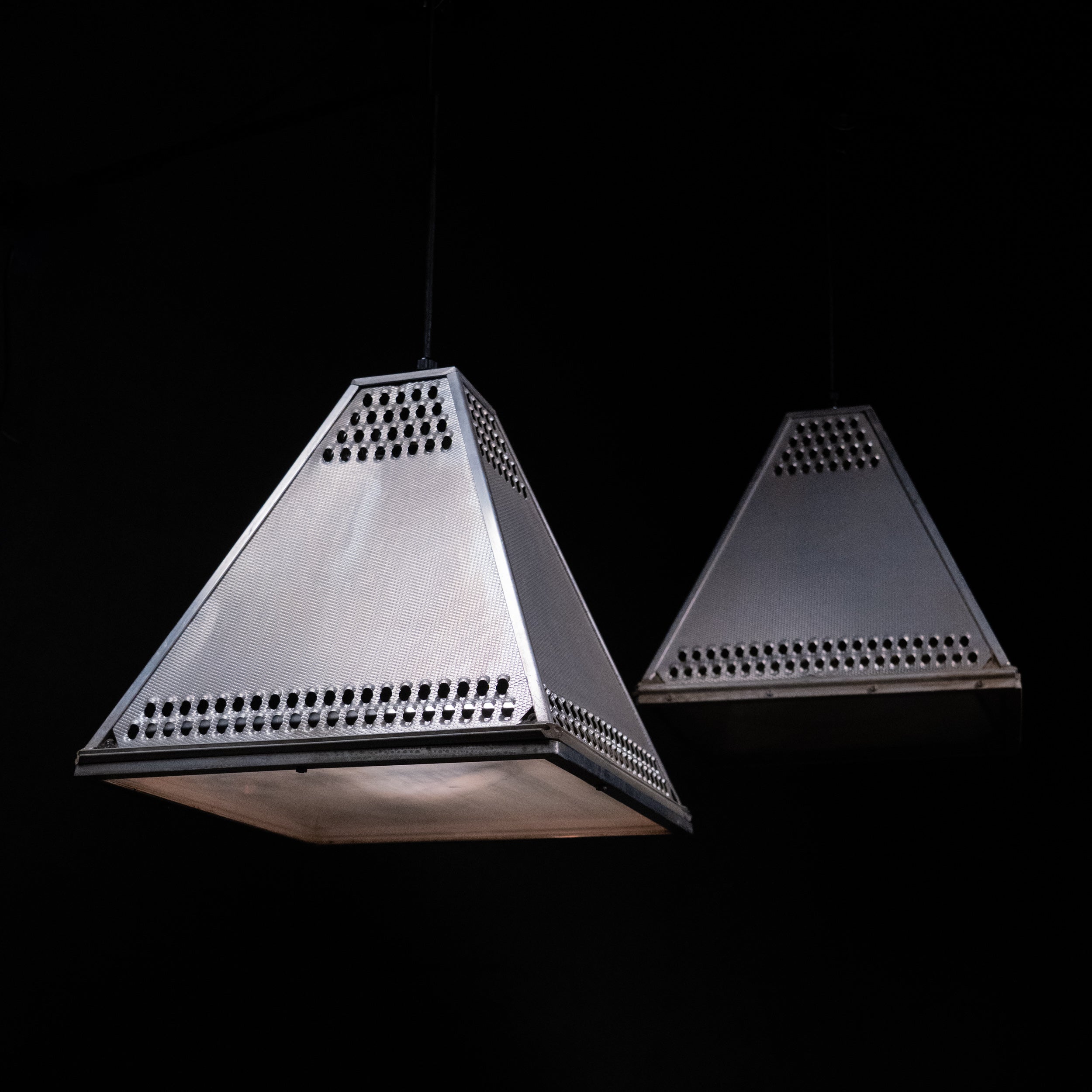 Pair of Mid Century Industrial Aluminum Pyramid Pendant Lights by Wide-Lite, Houston Texas, circa 1970m
