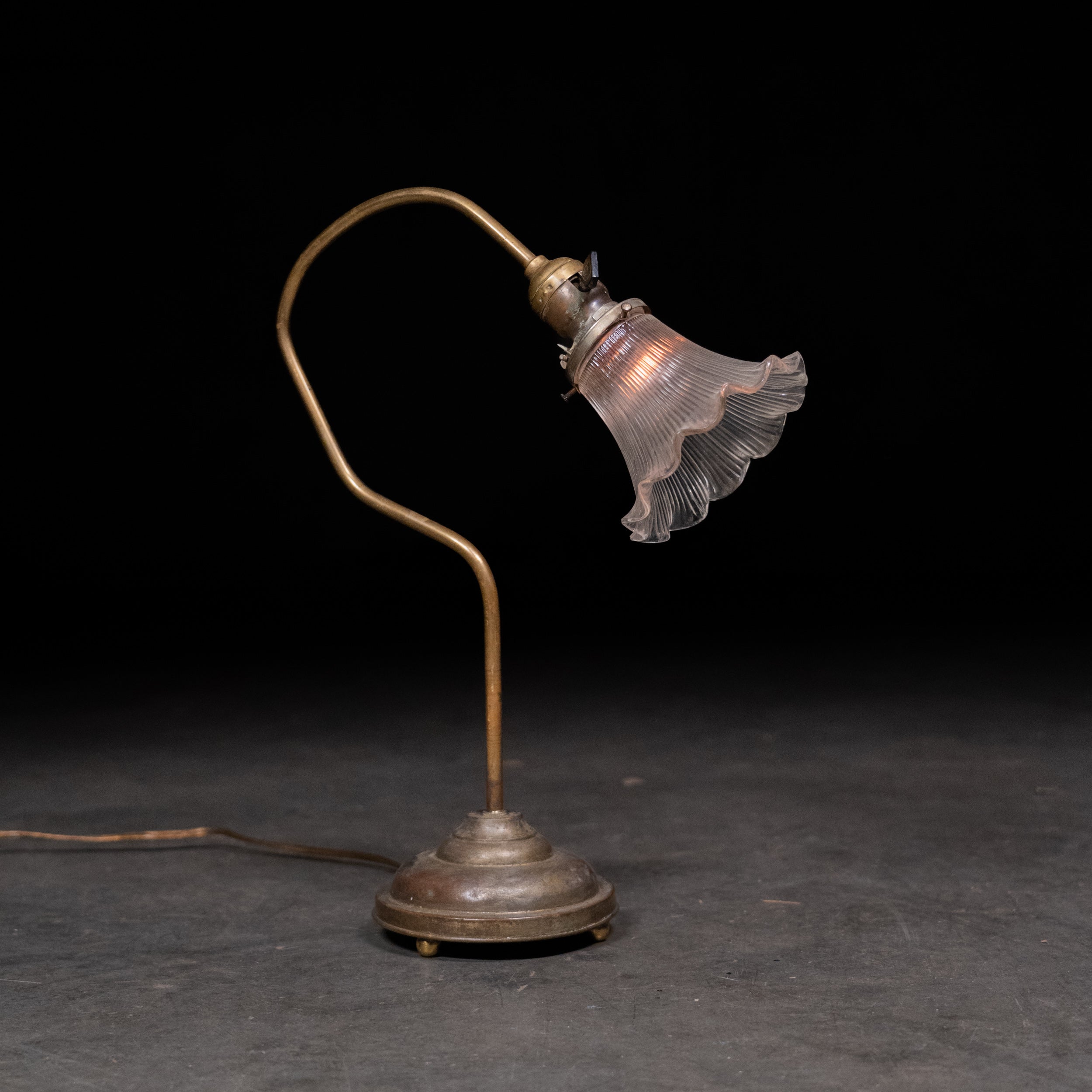 Early 20th Century Brass Swan Neck Desk Lamp with Fluted Glass Shade