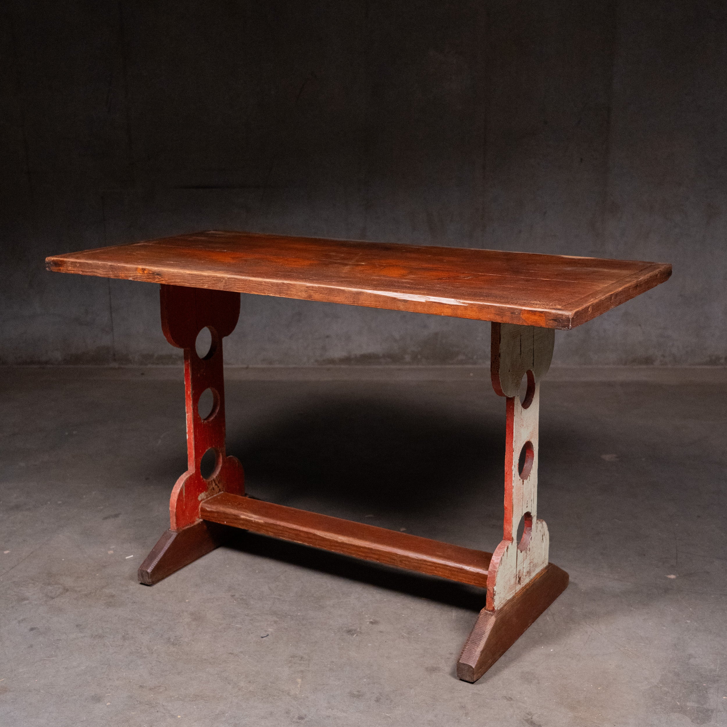 Late 19th Century Country Painted Pine Trestle Farmhouse Table with Folk Cut-Out Base