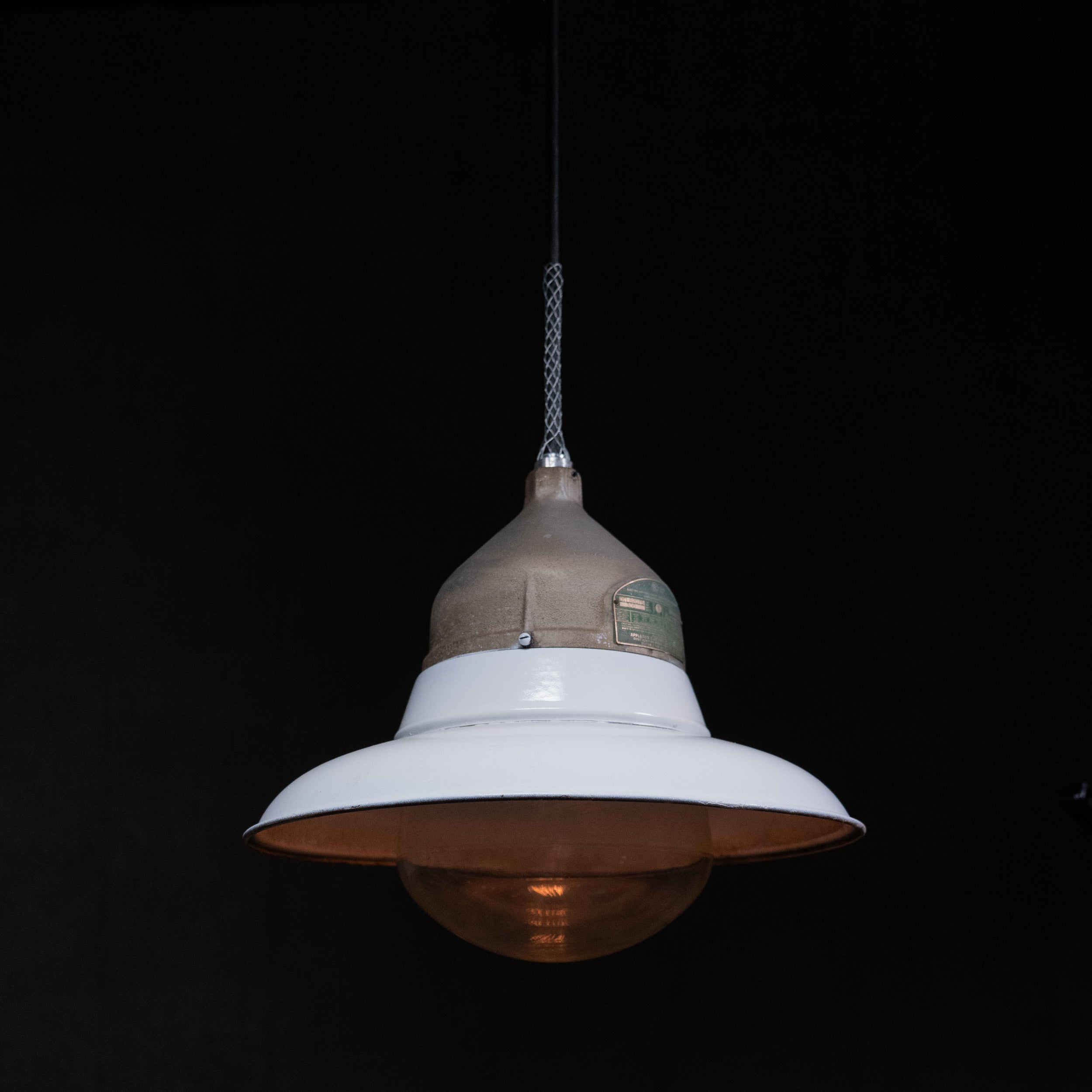 Vintage Appleton Industrial Pendant Light | Explosion Proof Factory Fixture | Mid Century Enamel & Glass