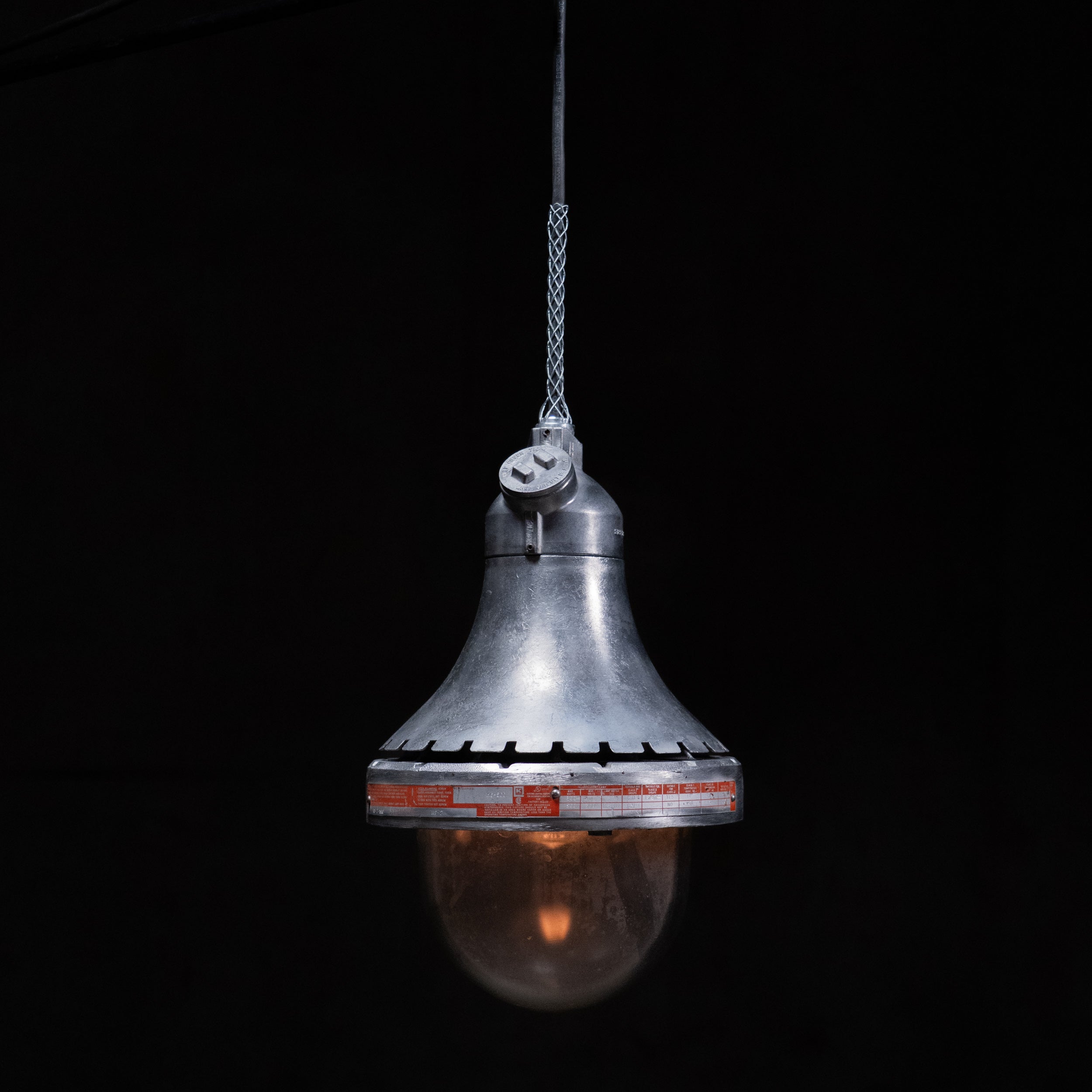 1950 Killark Explosion Proof Pendant Light – Industrial Aluminum Factory Fixture with Glass Globe –