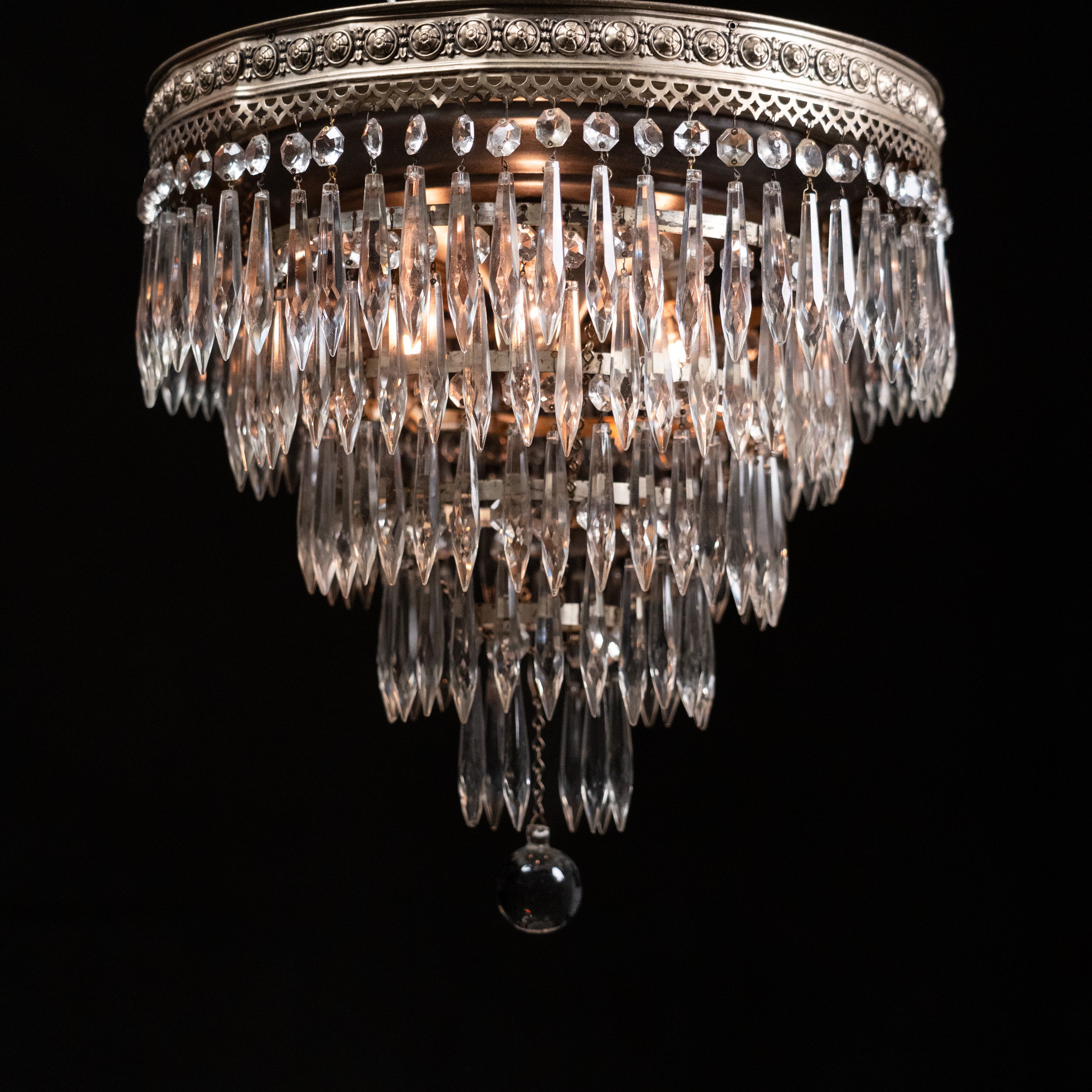 Vintage French Wedding Cake Crystal Basket Chandelier with Spear Prisms, Circa 1950 flush mount