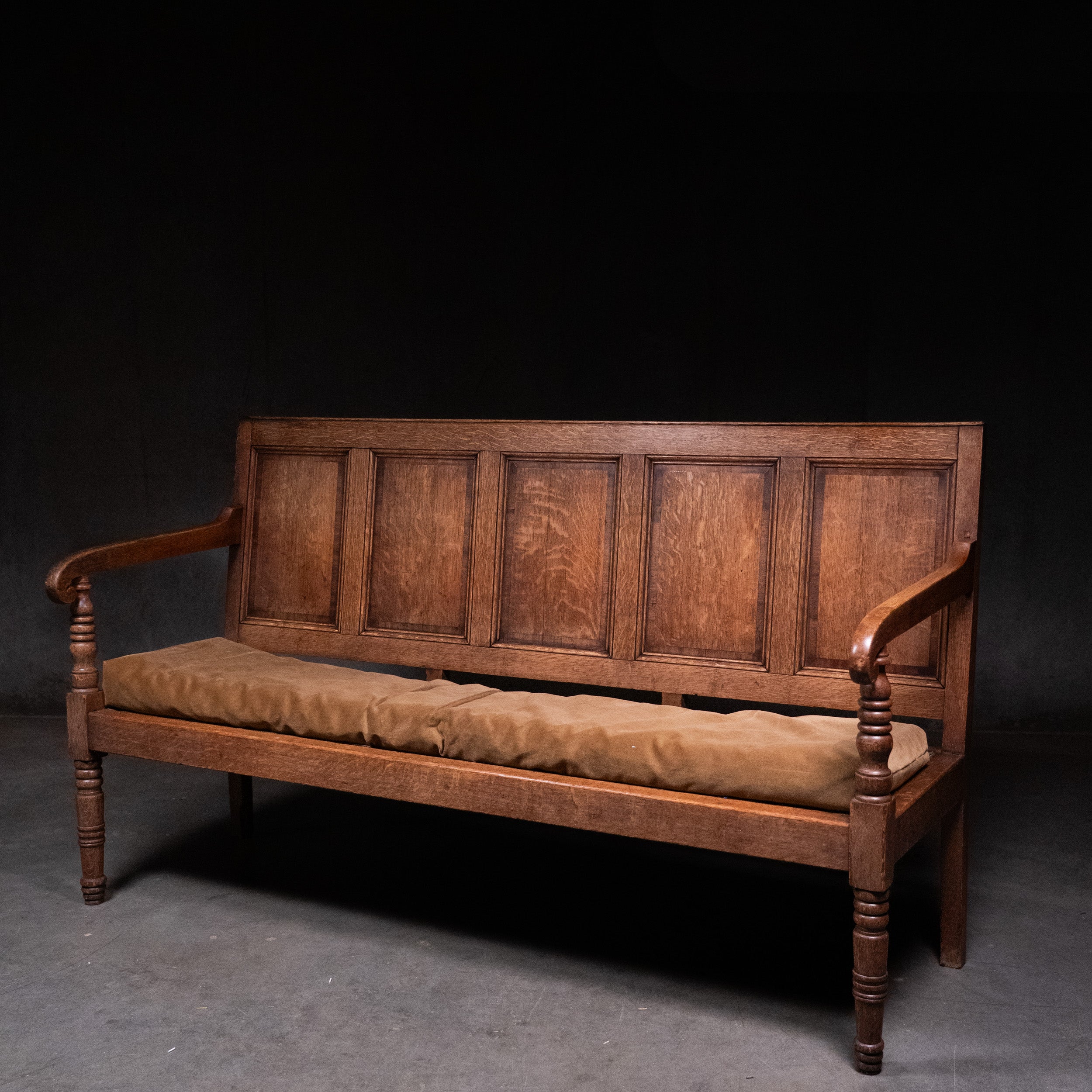 Antique English Arts & Crafts Oak Hall Bench with Paneled Back, Circa 1890