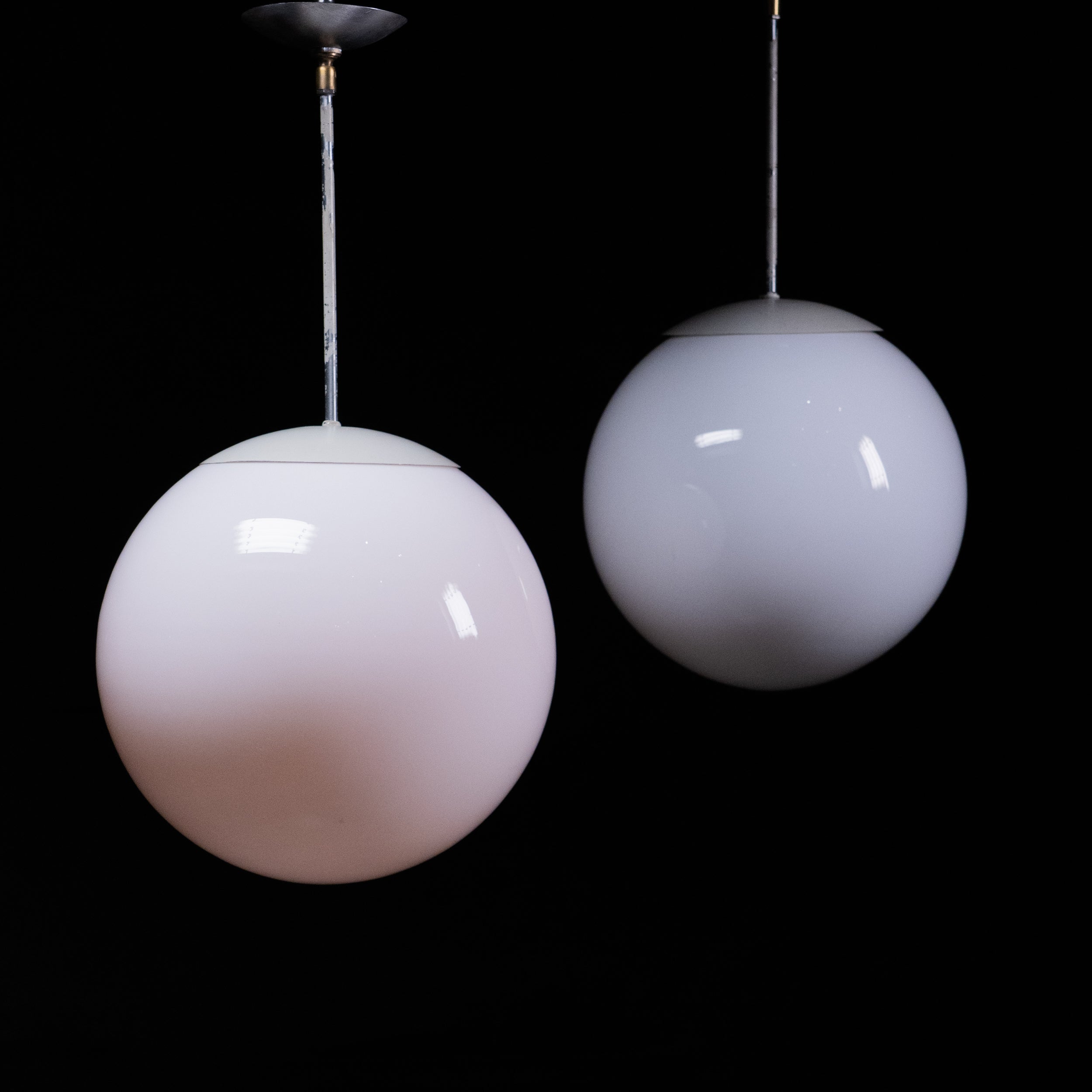 Mid-Century large 12” Modern Opaline Globe Pendant Lights – Architectural Milk Glass c.1960