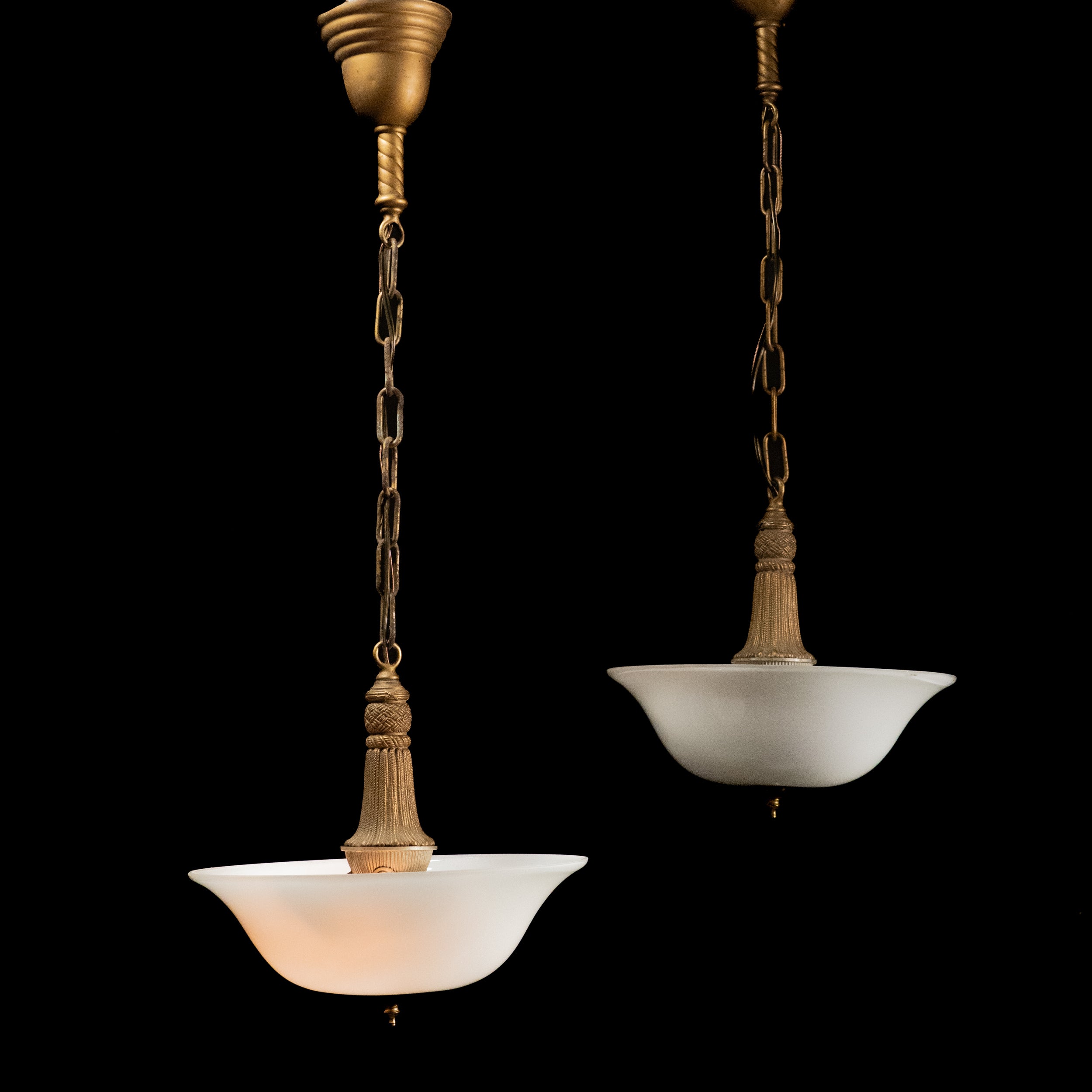 Pair of 1920 Brass Pendant Bowl Lights