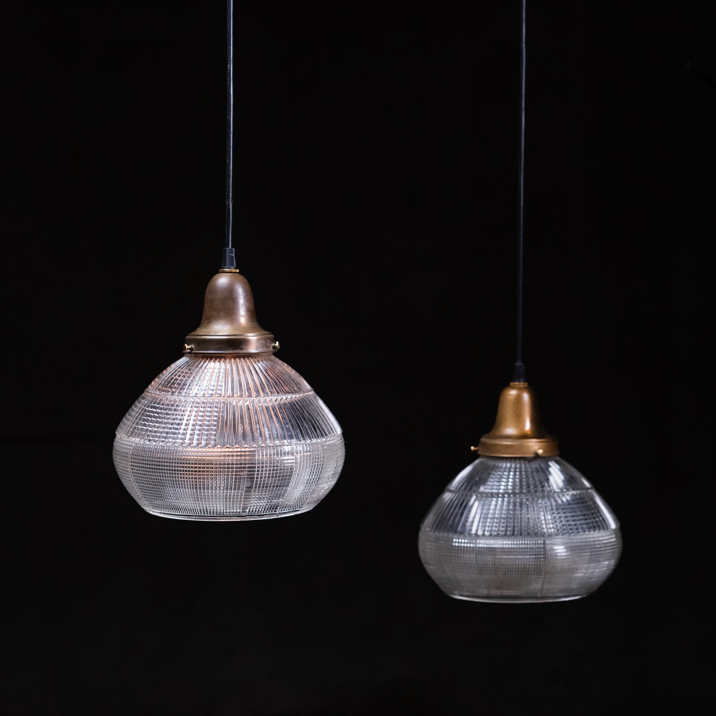 Antique Industrial Prismatic Glass Pendant Light – Brass Gallery Factory Refractor c.1930