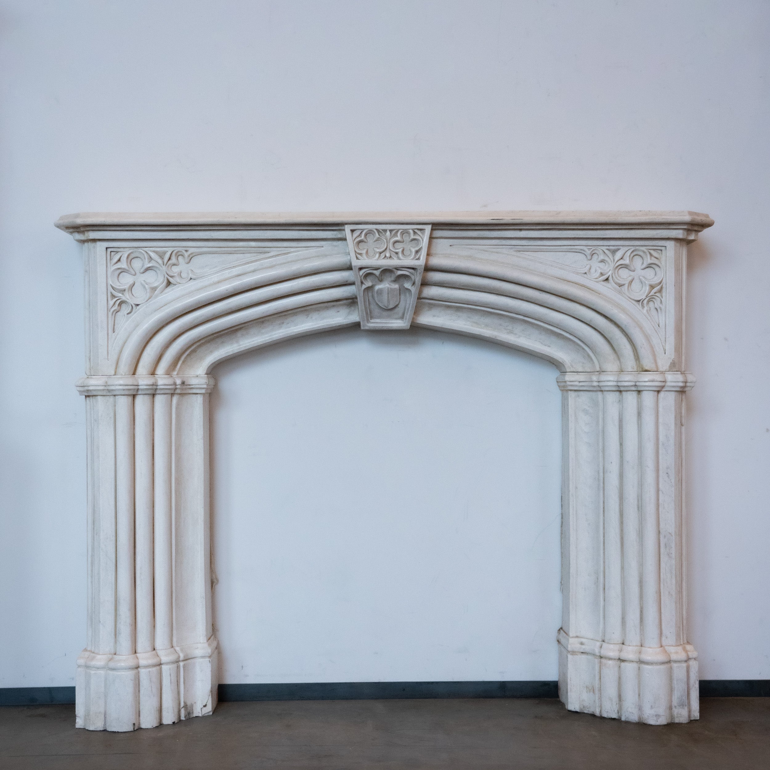 Large Gothic Revival Carved White Marble Fireplace Mantel – 19th Century Style