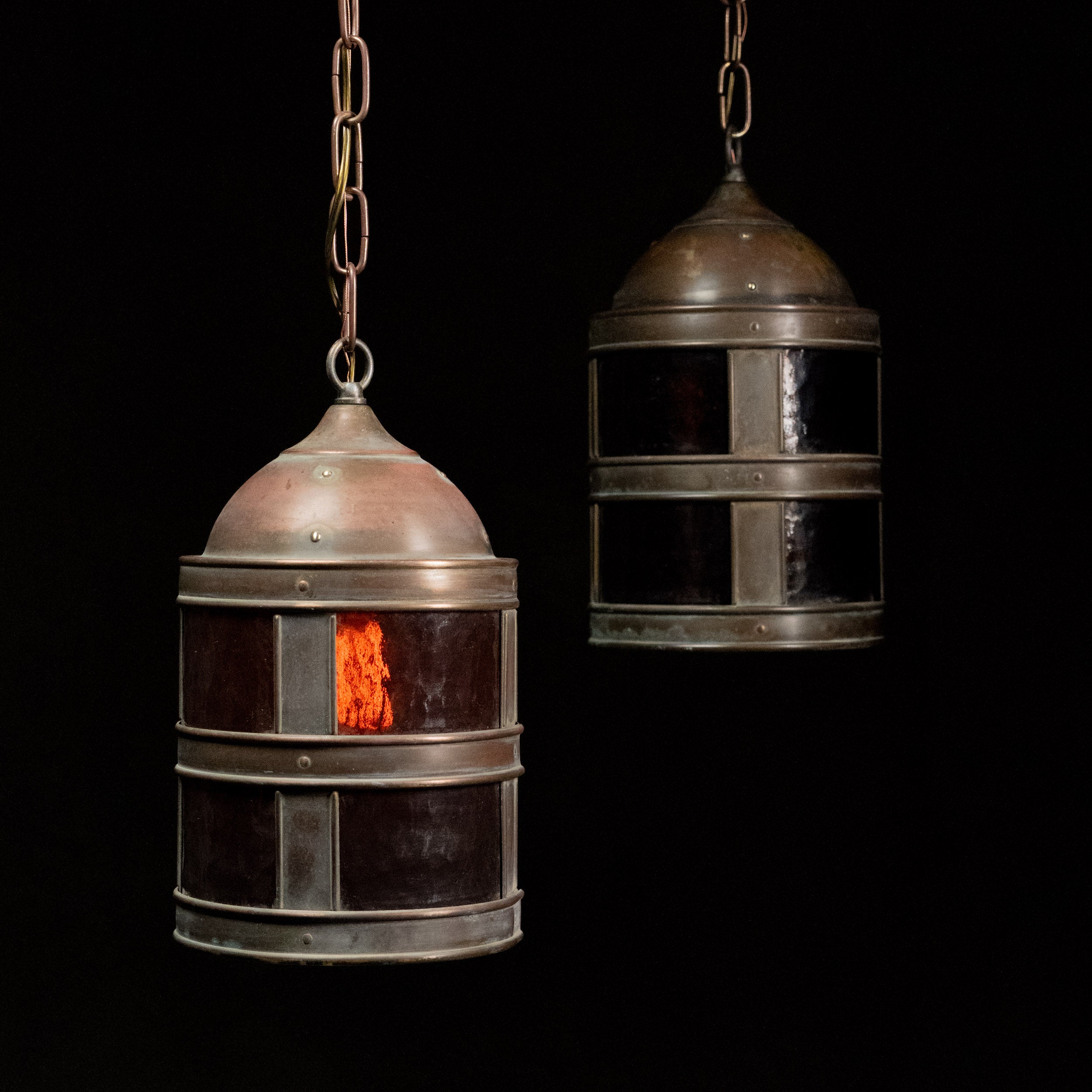 1930 Craftsman Pair of Copper Pendant Lights