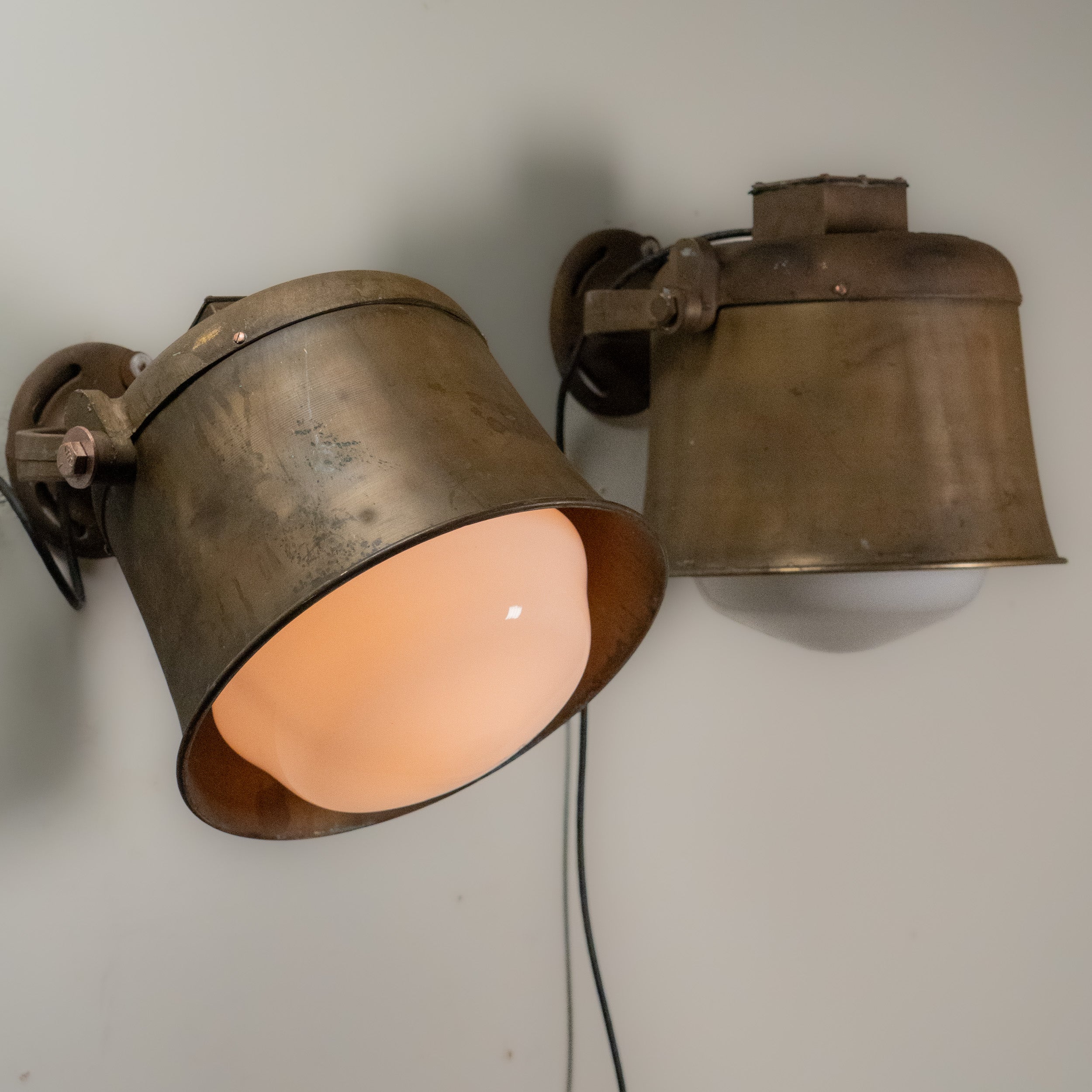C 1930 Large Nautical Bronze Sconces with Milk Glass Globe Insert