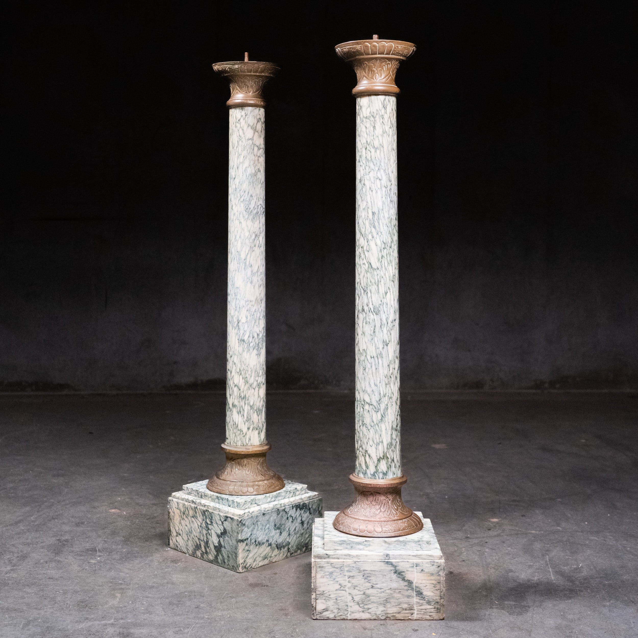 Pair Early 20th Century Neoclassical Marble Column Pedestals with Cast Bronze Mounts
