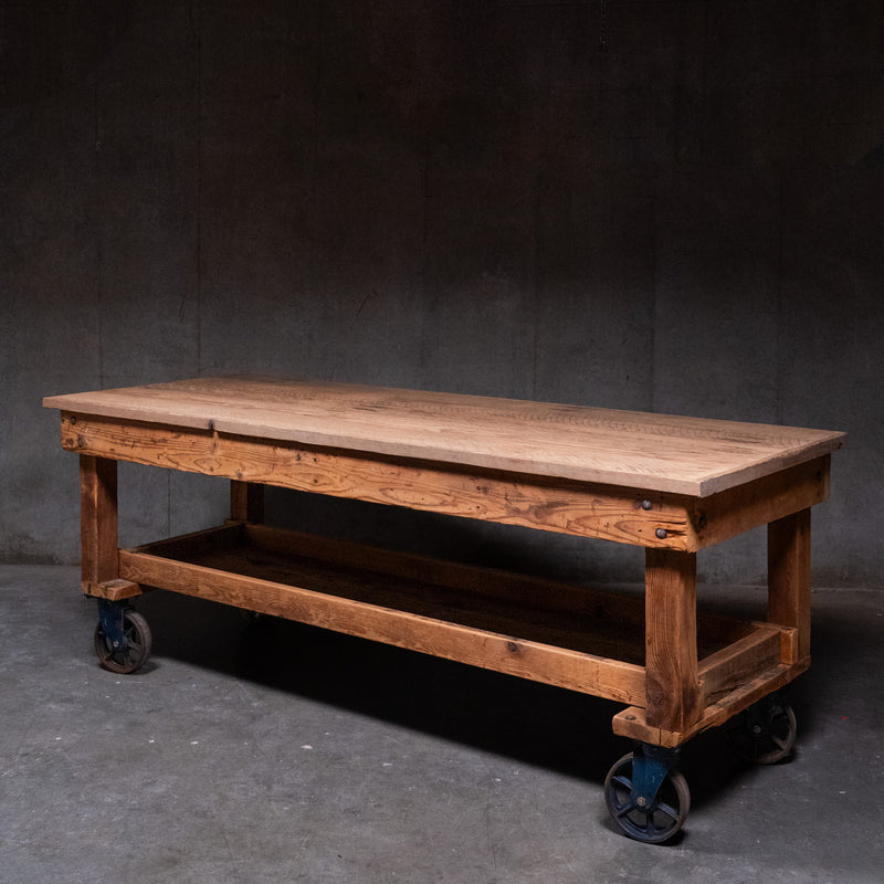 Early 20th C Industrial Chicago Factory Cart Worktable / Kitchen Island on Cast Iron Casters – 8’ | Scott Landon Antiques and Interiors.