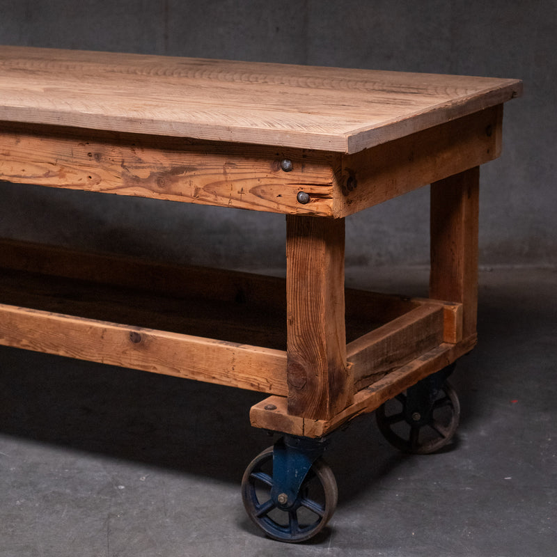 Early 20th C Industrial Chicago Factory Cart Worktable / Kitchen Island on Cast Iron Casters – 8’ | Scott Landon Antiques and Interiors.
