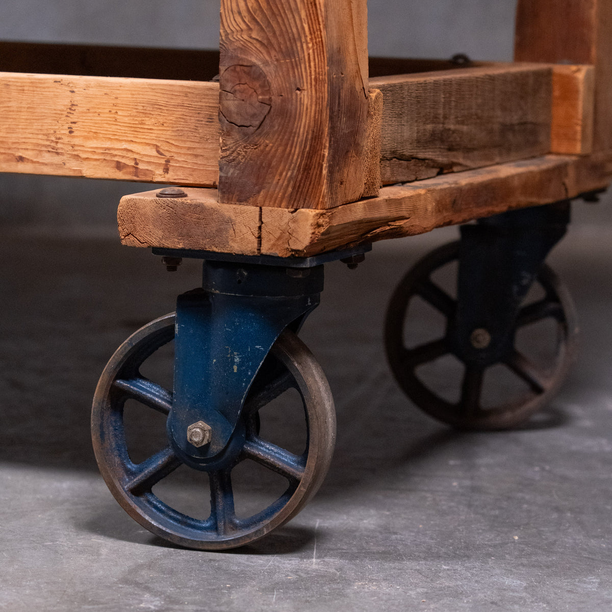 Early 20th C Industrial Chicago Factory Cart Worktable / Kitchen Island on Cast Iron Casters – 8’ | Scott Landon Antiques and Interiors.