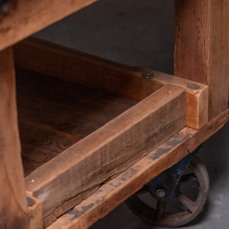 Early 20th C Industrial Chicago Factory Cart Worktable / Kitchen Island on Cast Iron Casters – 8’ | Scott Landon Antiques and Interiors.