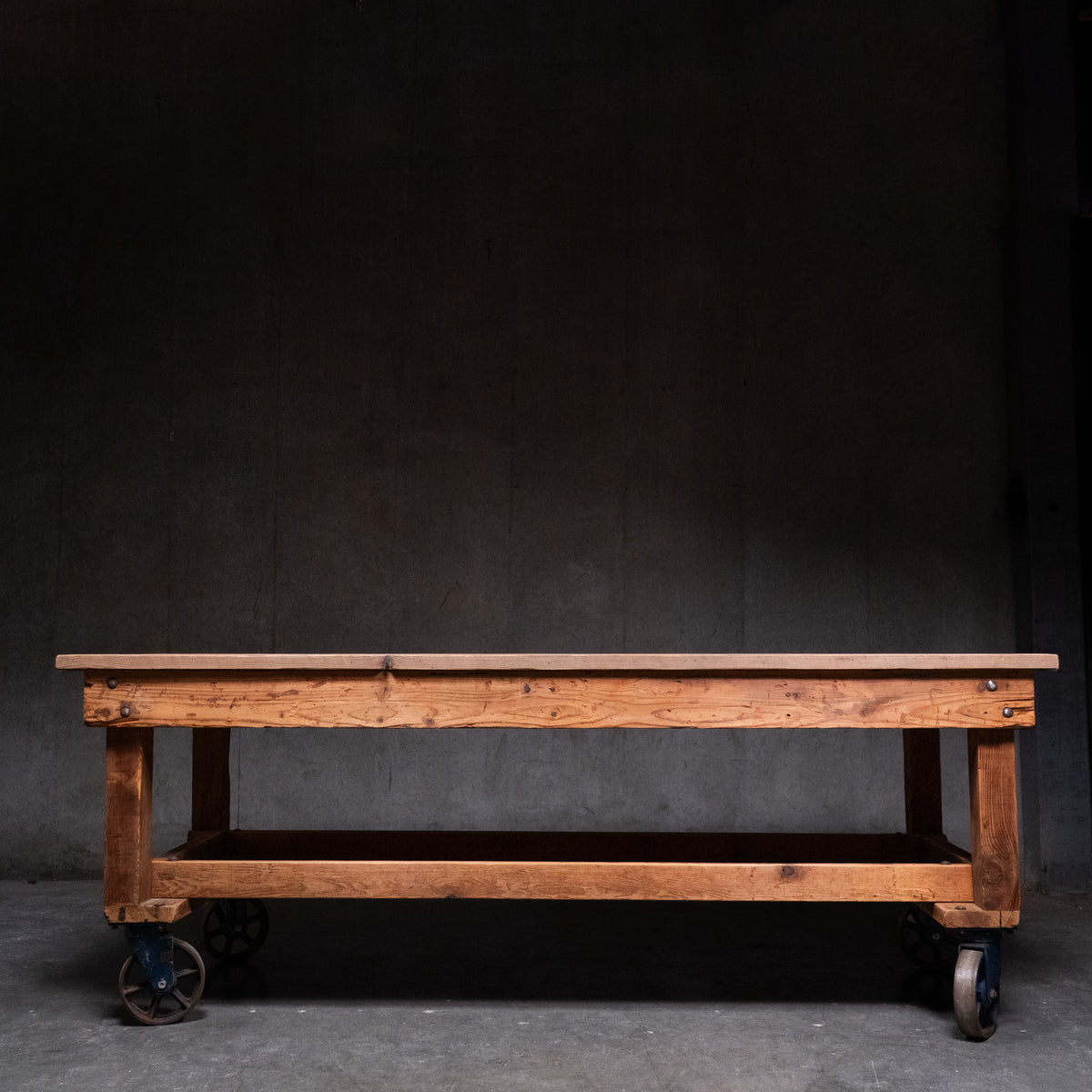 Early 20th C Industrial Chicago Factory Cart Worktable / Kitchen Island on Cast Iron Casters – 8’ | Scott Landon Antiques and Interiors.