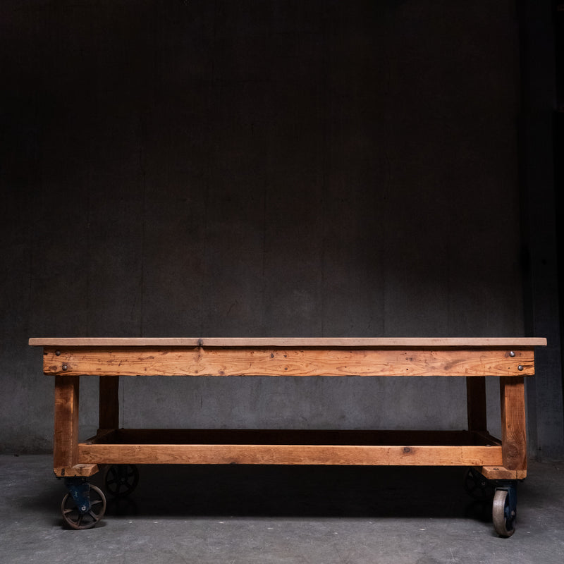 Early 20th C Industrial Chicago Factory Cart Worktable / Kitchen Island on Cast Iron Casters – 8’ | Scott Landon Antiques and Interiors.
