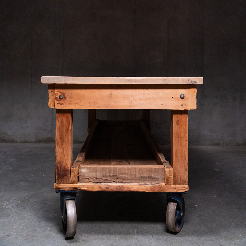 Early 20th C Industrial Chicago Factory Cart Worktable / Kitchen Island on Cast Iron Casters – 8’ | Scott Landon Antiques and Interiors.