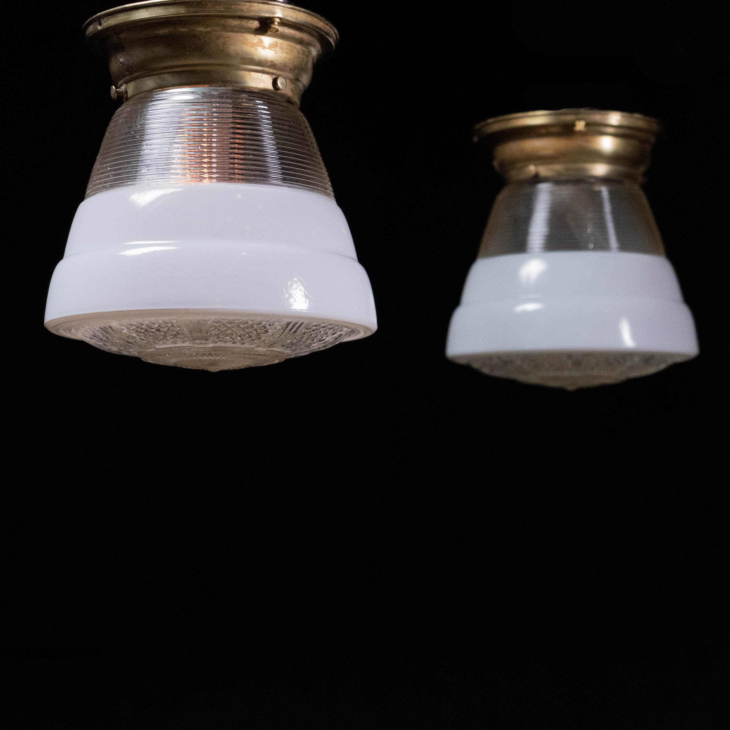 1920 Brass Flush Mount Light Fixtures with Art Deco Shades