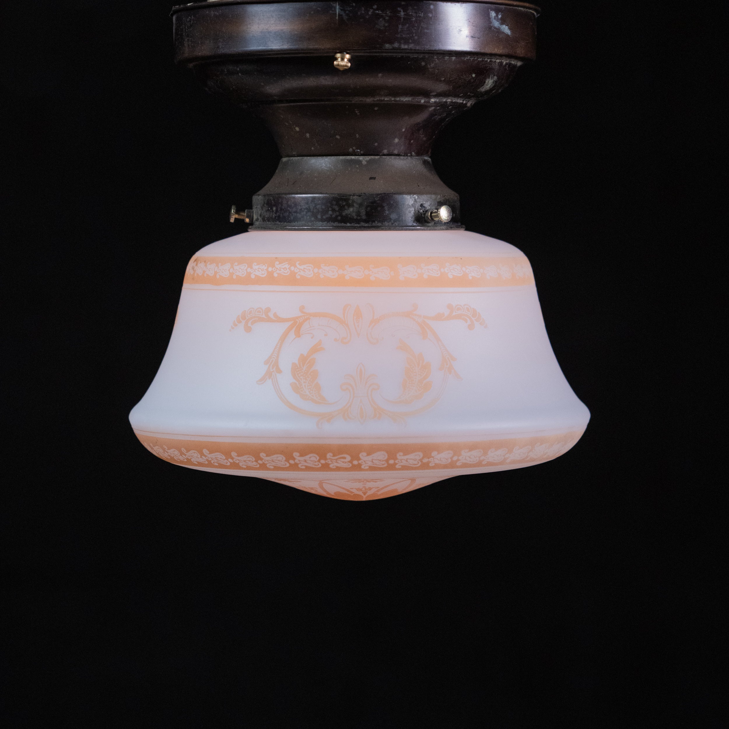 Antique Etched Opal Glass Ceiling Light – Early 20th Century Flush Mount Fixture c.1920
