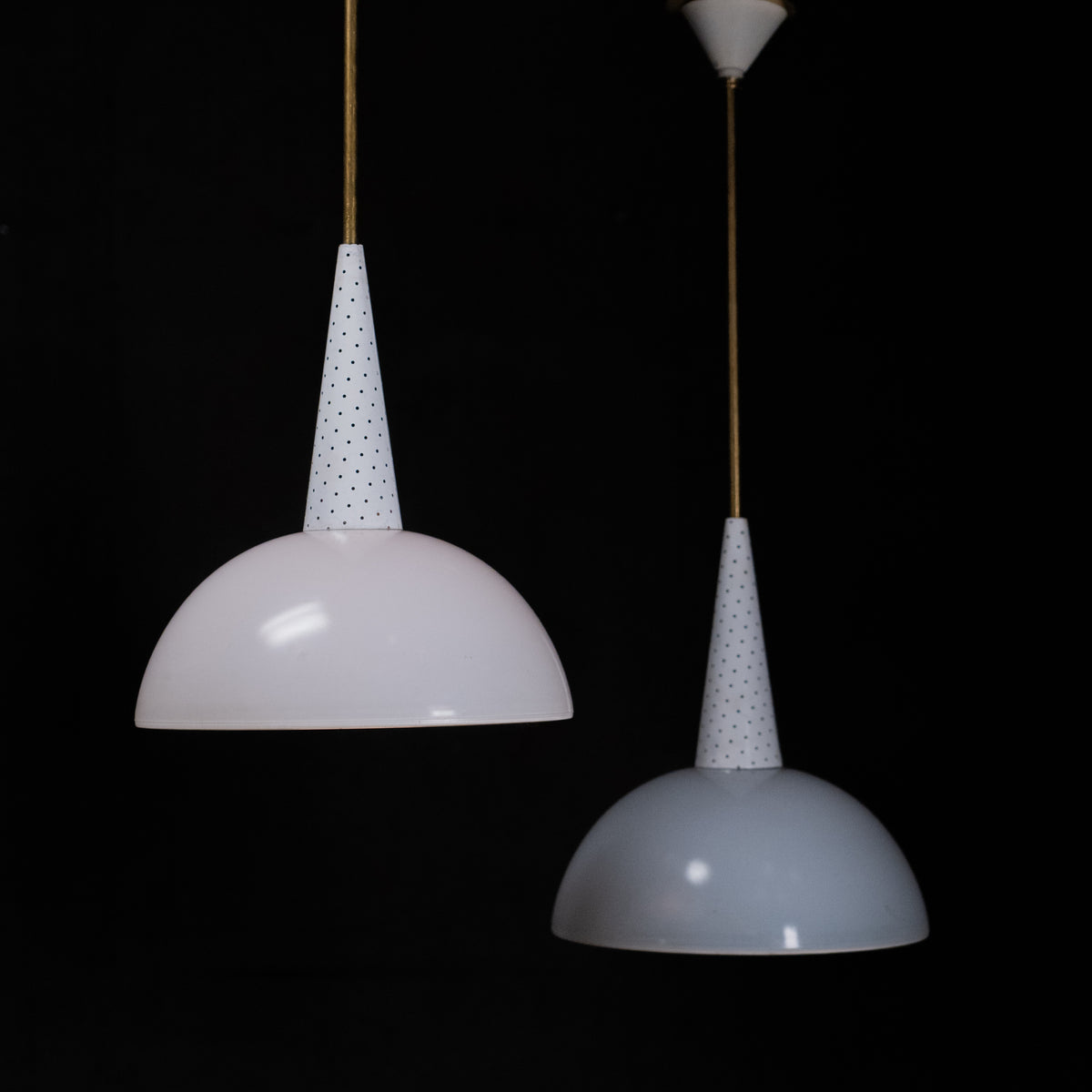 1950 White Perforated Metal and Glass French Pendants by Mathieu Matégot | Scott Landon Antiques and Interiors.
