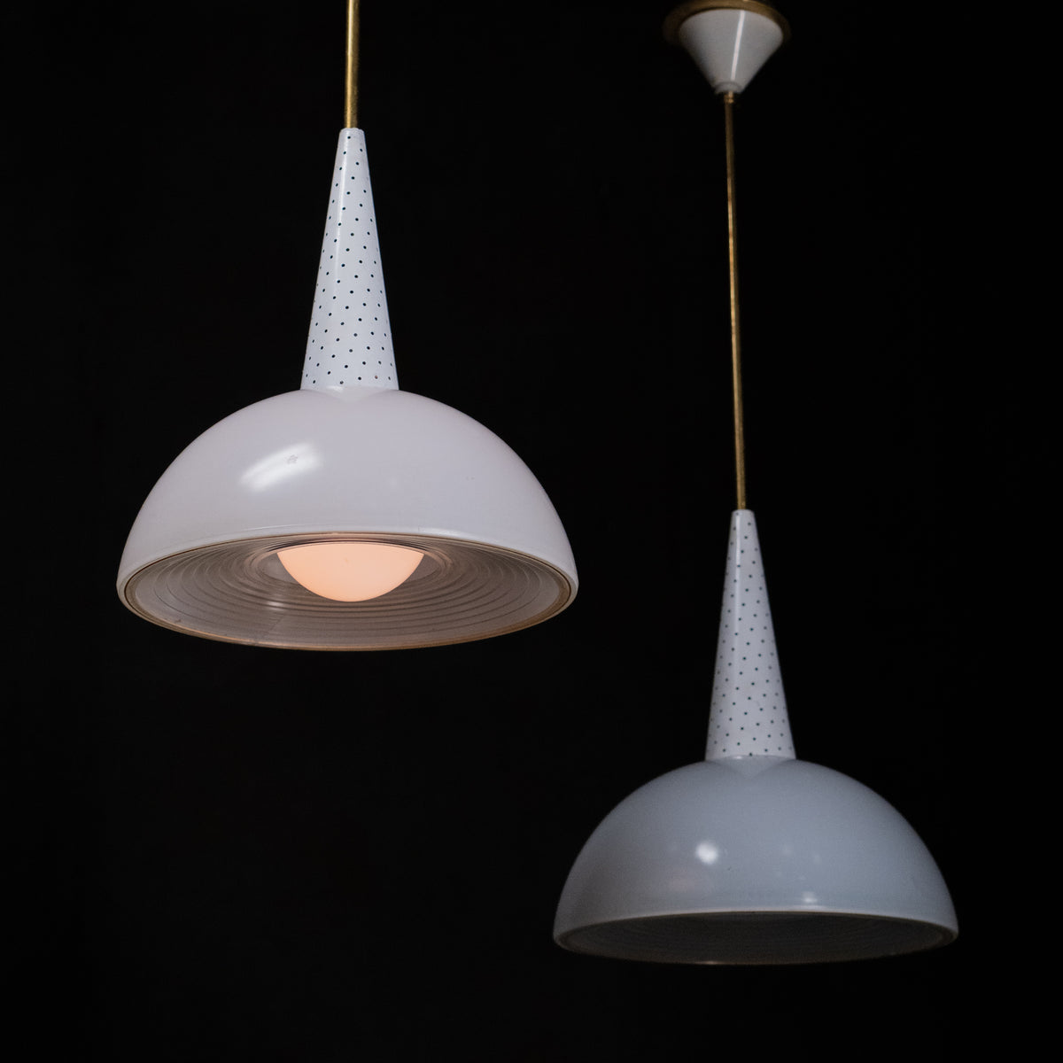 1950 White Perforated Metal and Glass French Pendants by Mathieu Matégot | Scott Landon Antiques and Interiors.