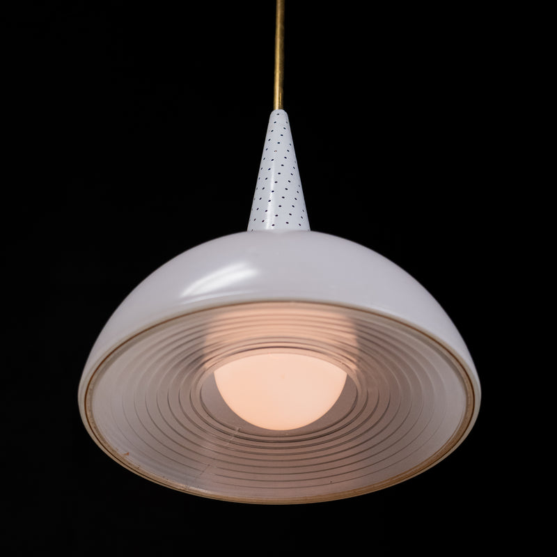 1950 White Perforated Metal and Glass French Pendants by Mathieu Matégot | Scott Landon Antiques and Interiors.