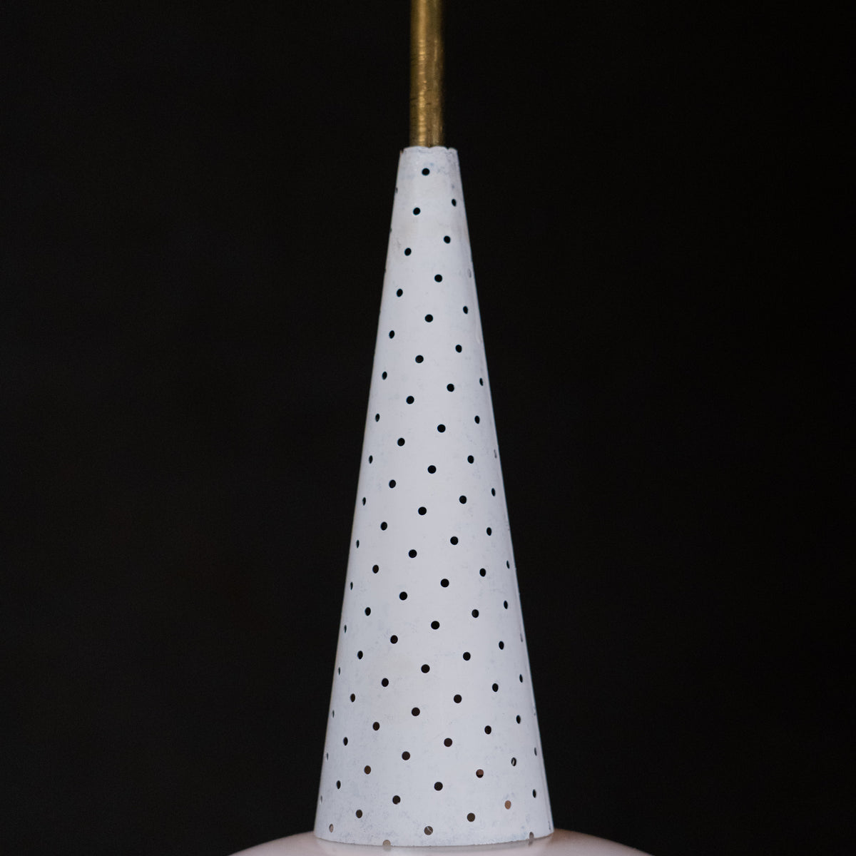 1950 White Perforated Metal and Glass French Pendants by Mathieu Matégot | Scott Landon Antiques and Interiors.