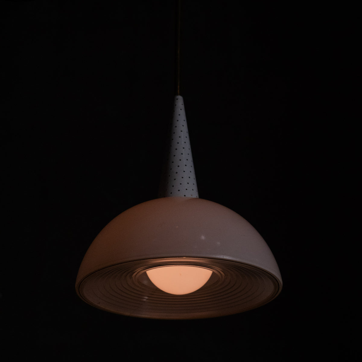 1950 White Perforated Metal and Glass French Pendants by Mathieu Matégot | Scott Landon Antiques and Interiors.