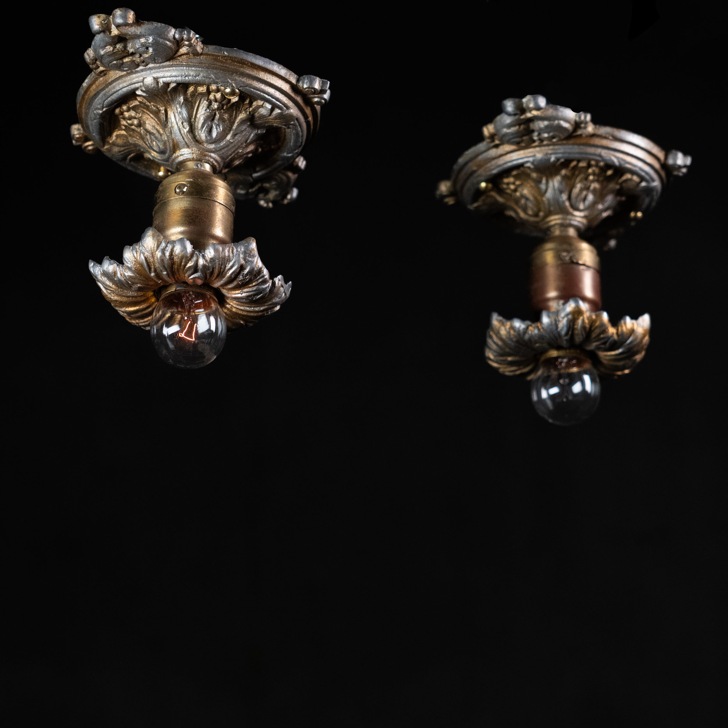 Pair of 1920 Italianate Brass Finish Ceiling Lights – Salvaged from Historic Tosi Grocer, Vancouver