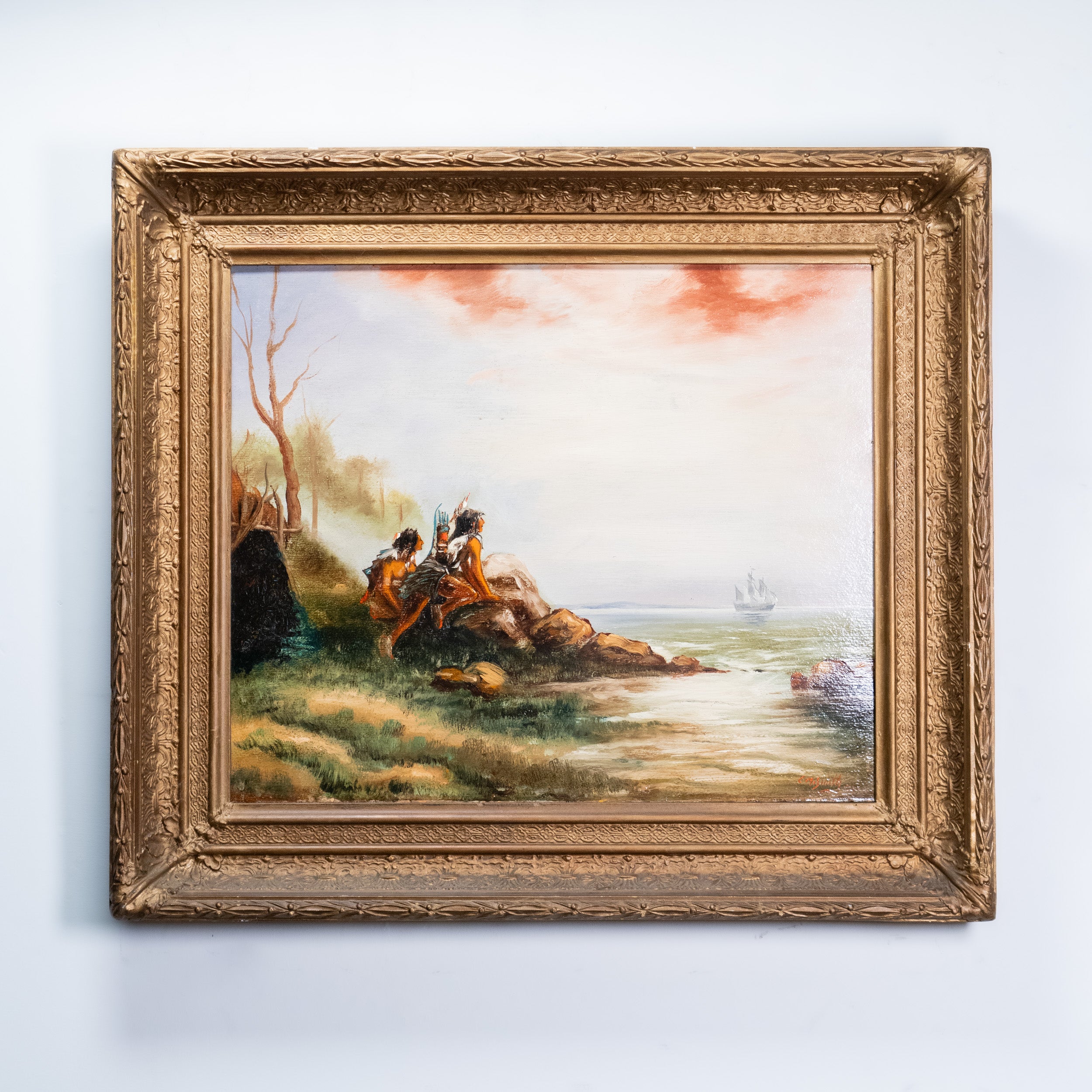 Early 20th Century Coastal Oil Painting with Indigenous Figures, Signed C.M. Smith 1922, Ornate Gilt Frame.