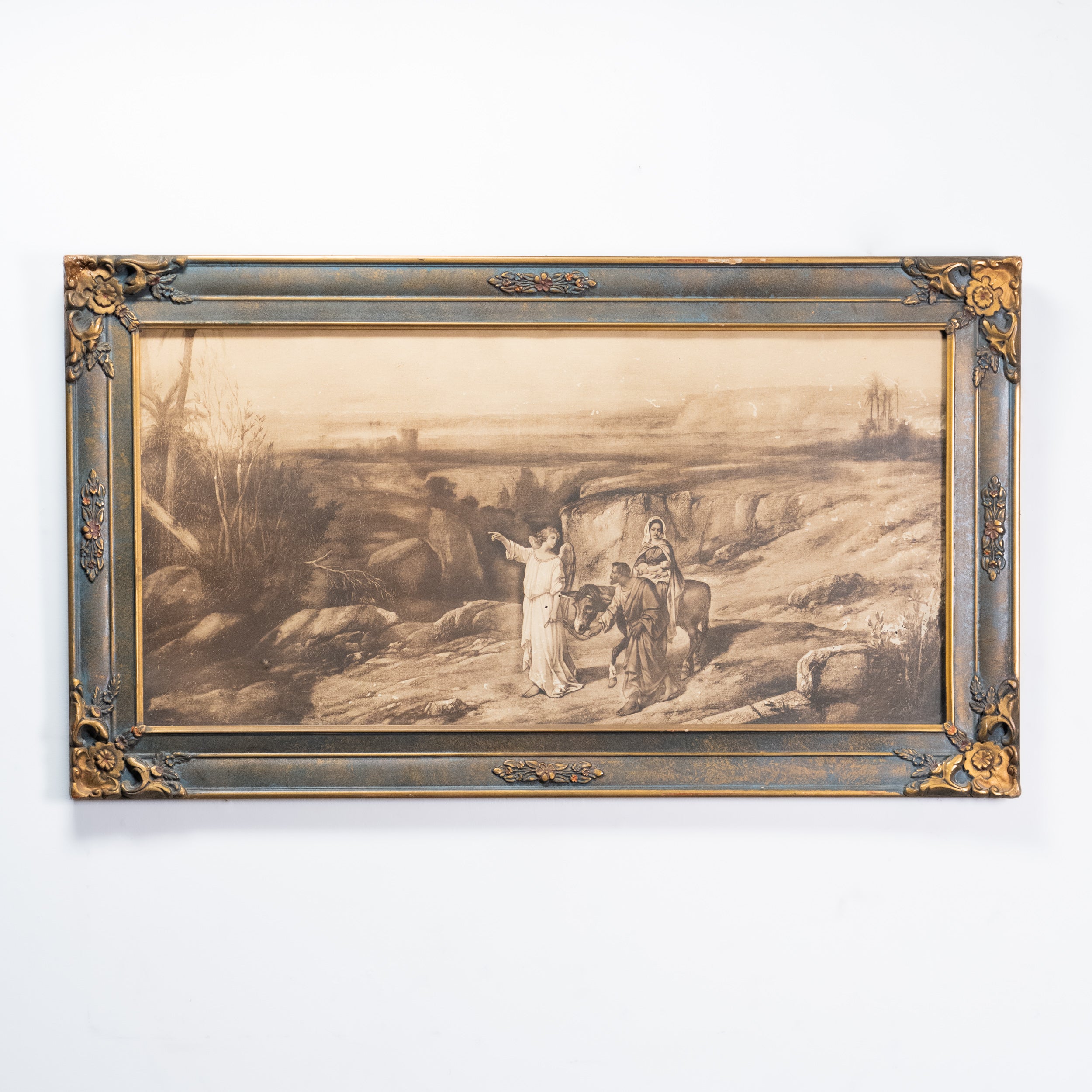 Large Framed Biblical Print – Holy Family Flight into Egypt, Sepia Religious Artwork in Ornate Gilt Frame