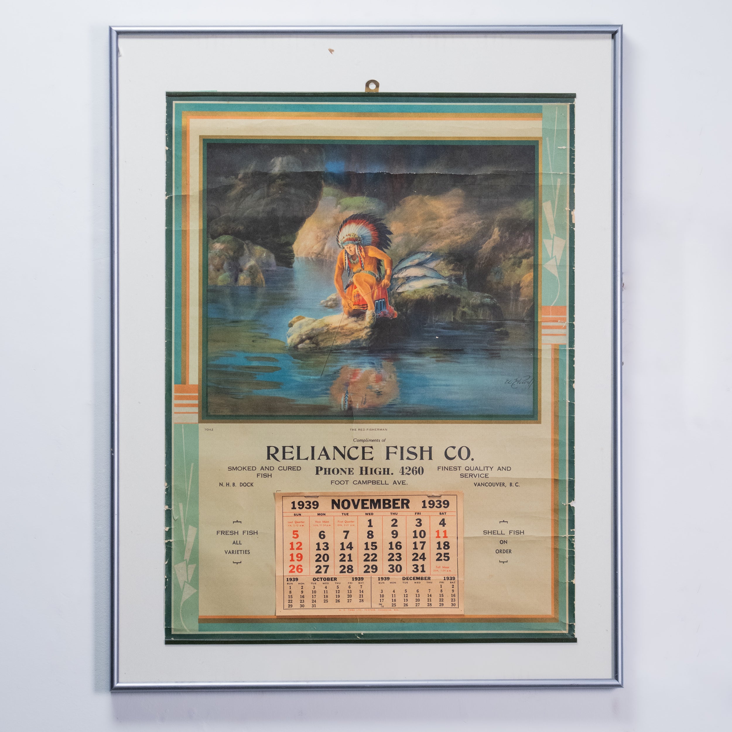 1939 Reliance Fish Co. Vancouver Calendar Poster – “The Red Fisherman” Vintage Advertising Lithograph, Framed
