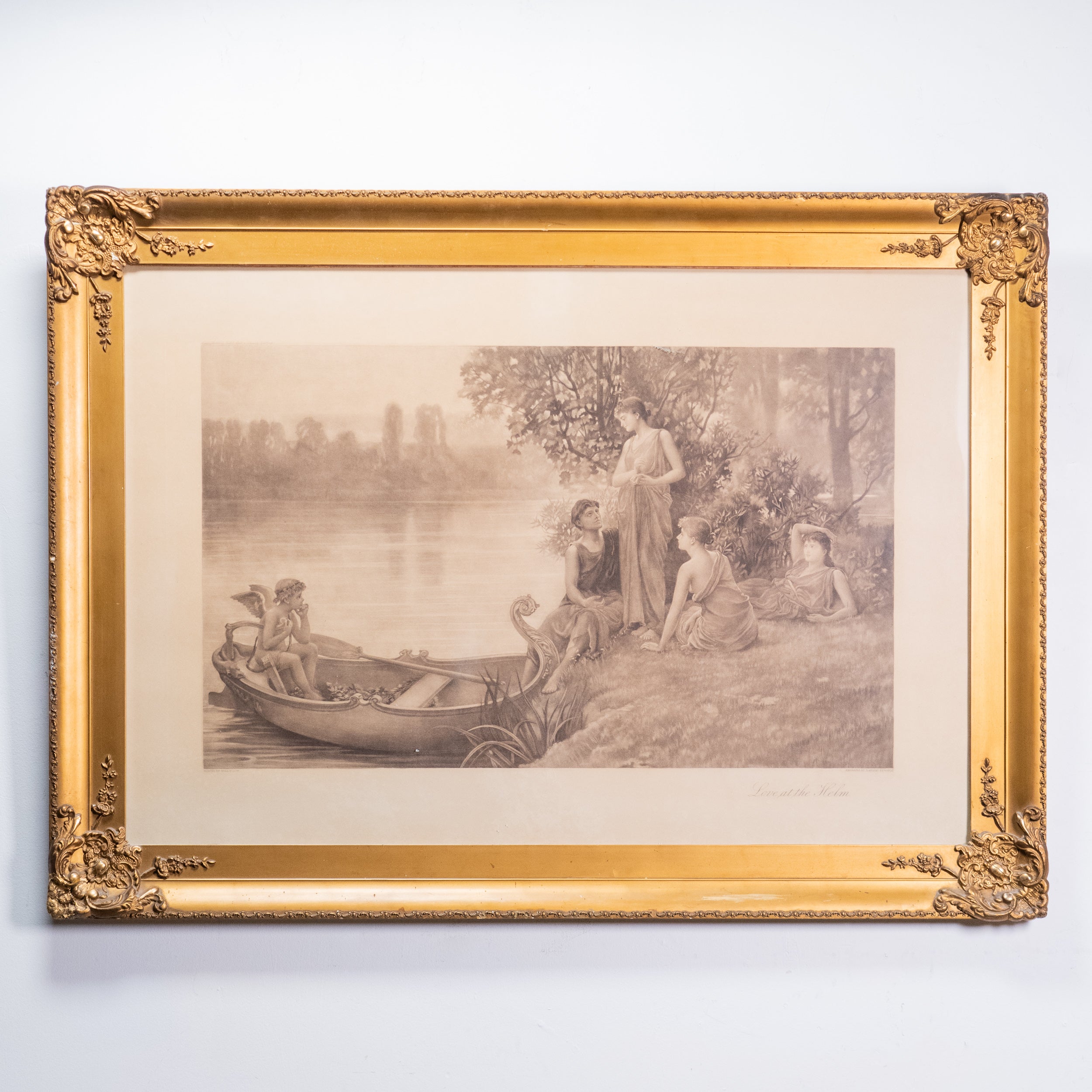 Large Antique Classical Engraving “Love at the Helm” – Framed Victorian Print, Ornate Gilt Frame