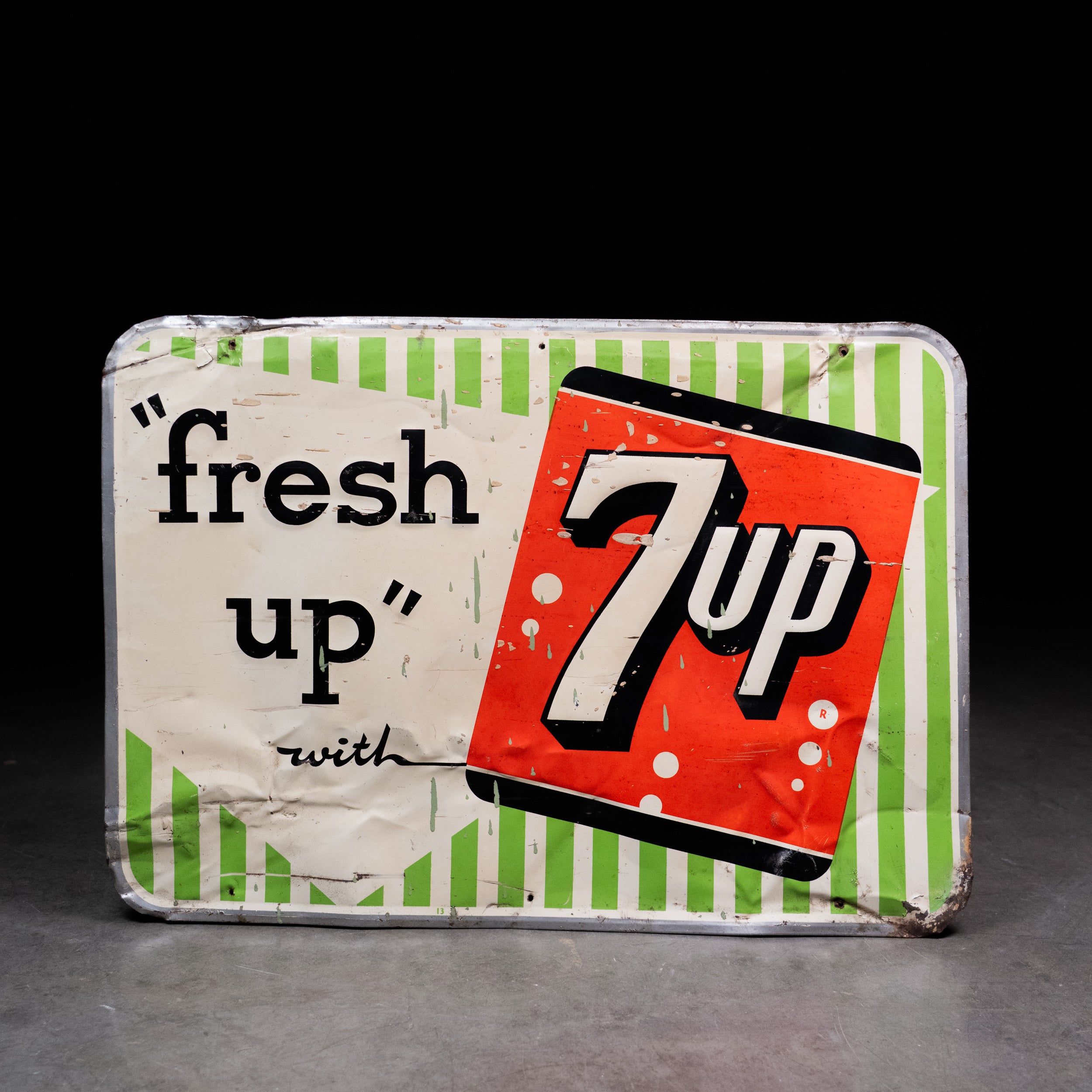 Vintage 7-Up “Fresh Up” Advertising Sign | Mid-Century Soda Pop Tin Sign | Graphic Wall Décor