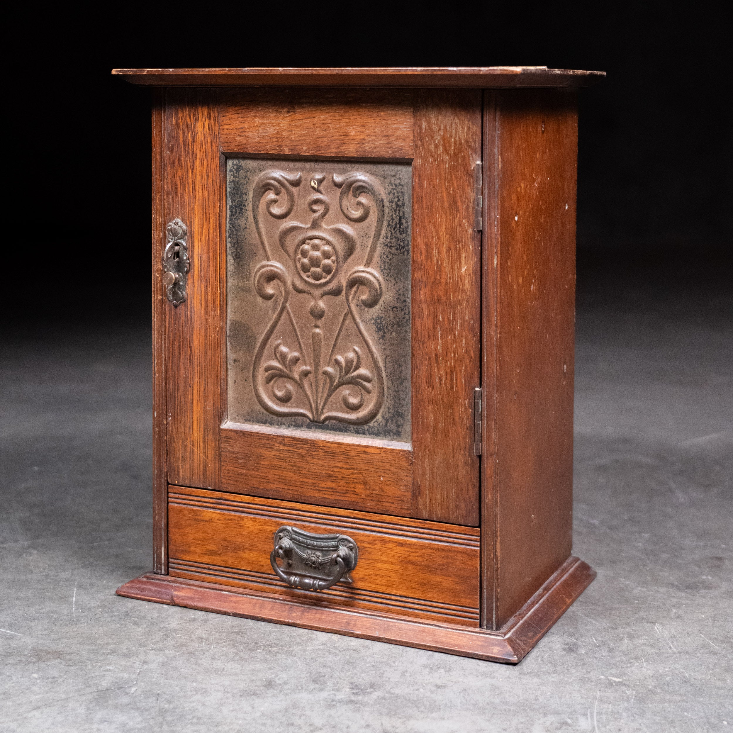Antique Oak Tobacco Cabinet / Tabletop Humidor – Embossed Metal Panel, Arts & Crafts Era Smoking Cabinet