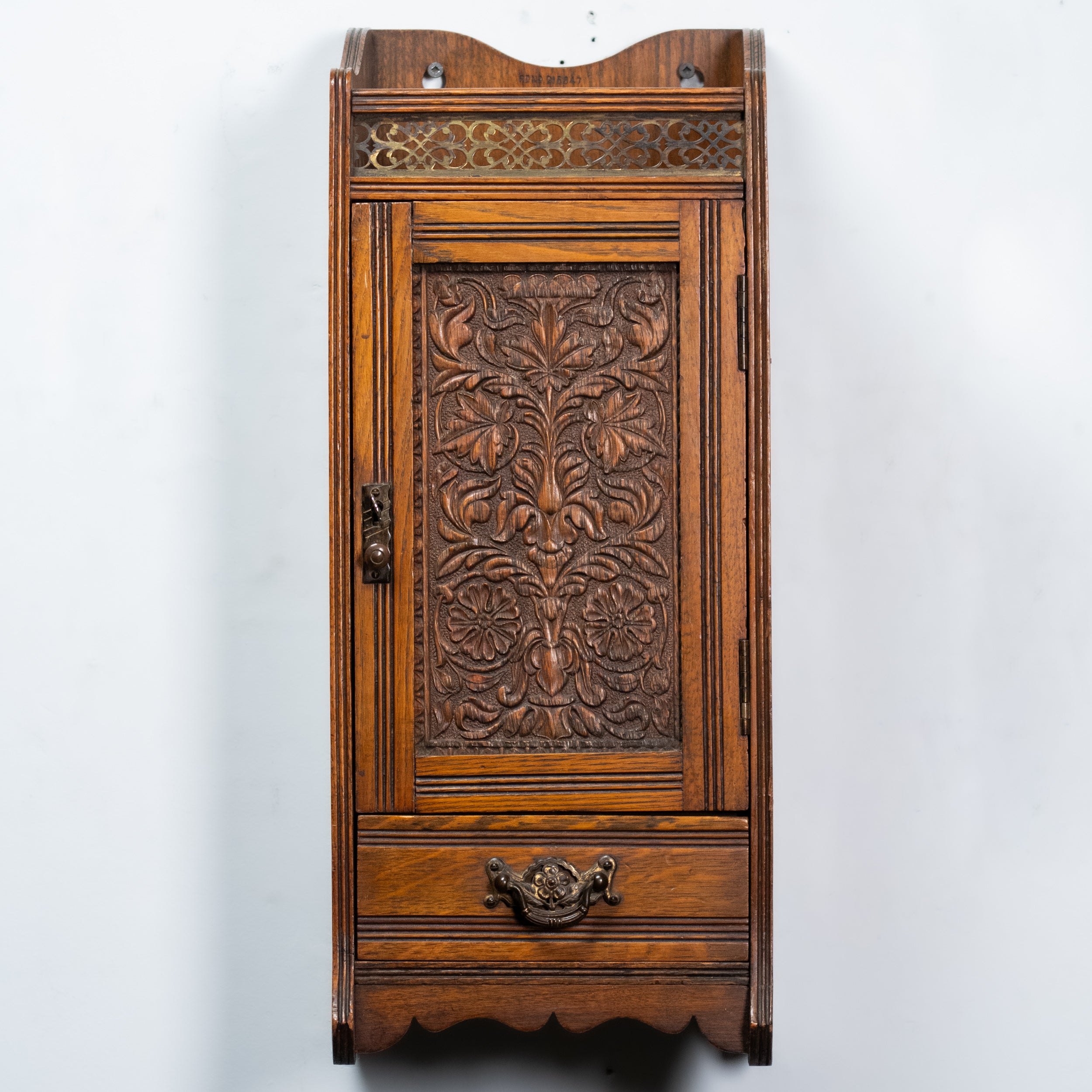 Early 20th Century Oak Tobacco Cabinet Wall Mounted – Antique Smoker’s Cabinet with Pipe Rests, Drawers & Brass Gallery