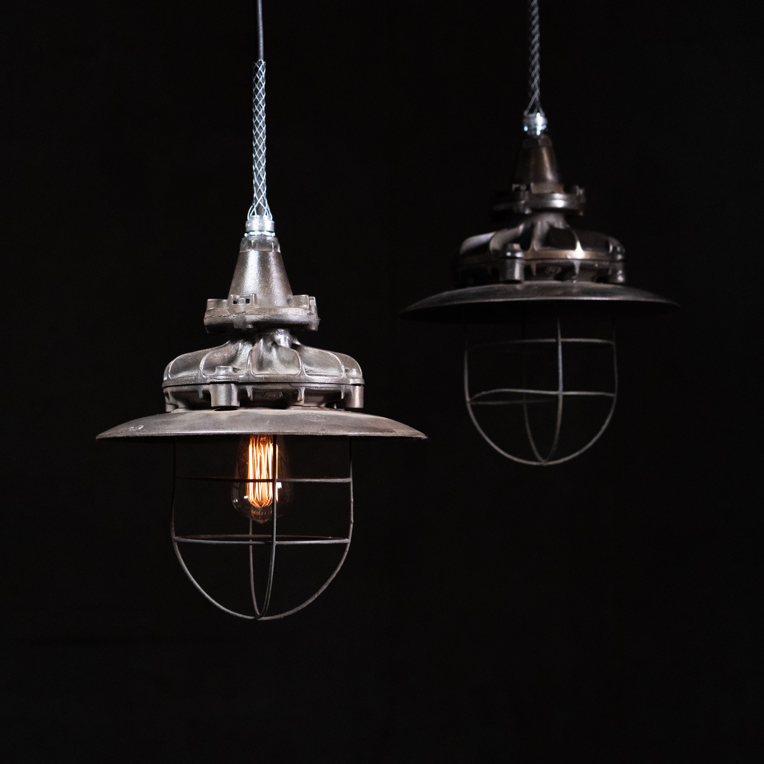 English Industrial Cage Pendant Light – Simplex Cast Aluminum Factory Fixture c.1930s