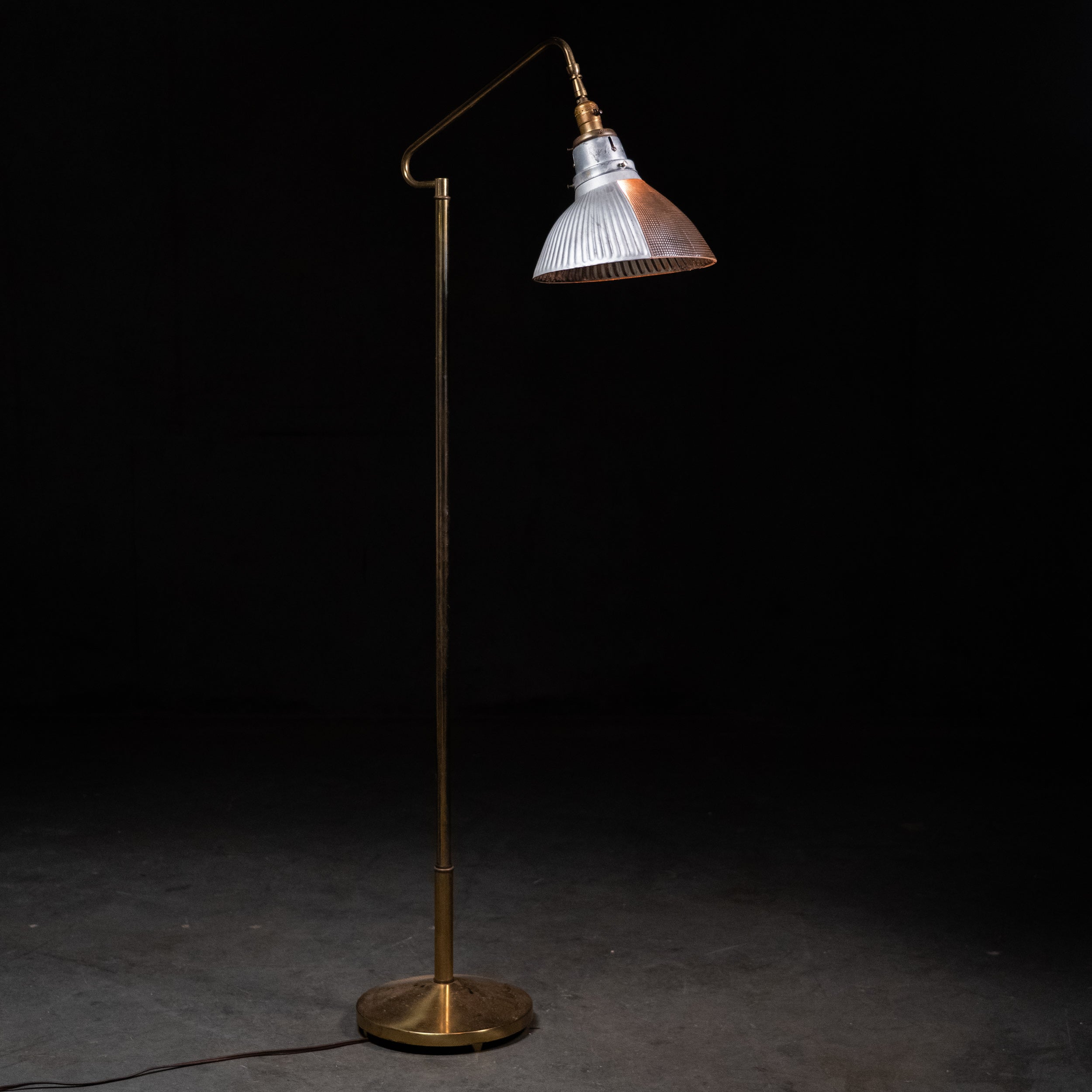 1930 Brass Floor Lamp with Industrial Glass Mercury Shade