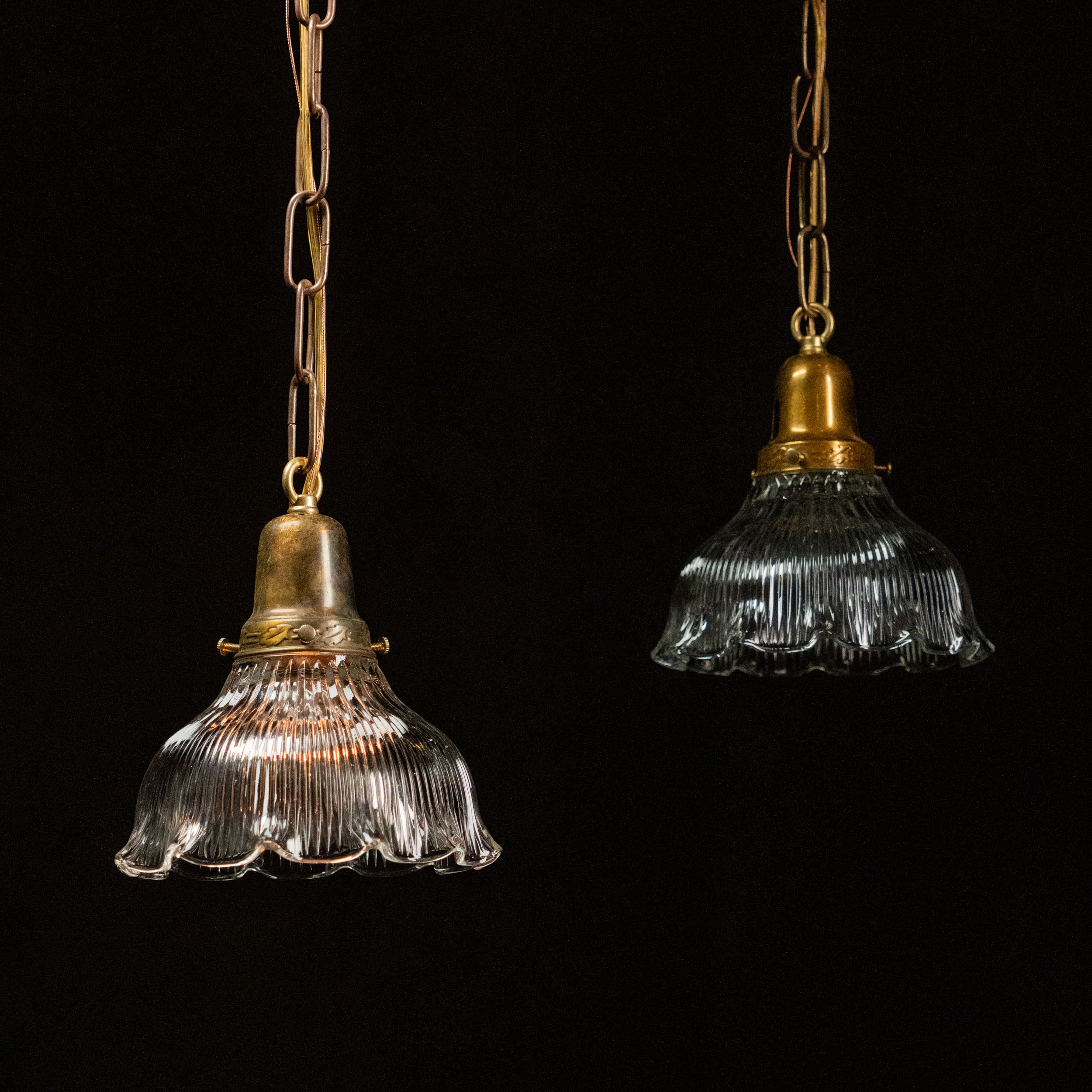 Pair of 1920 Holophane Style Small Brass Pendants