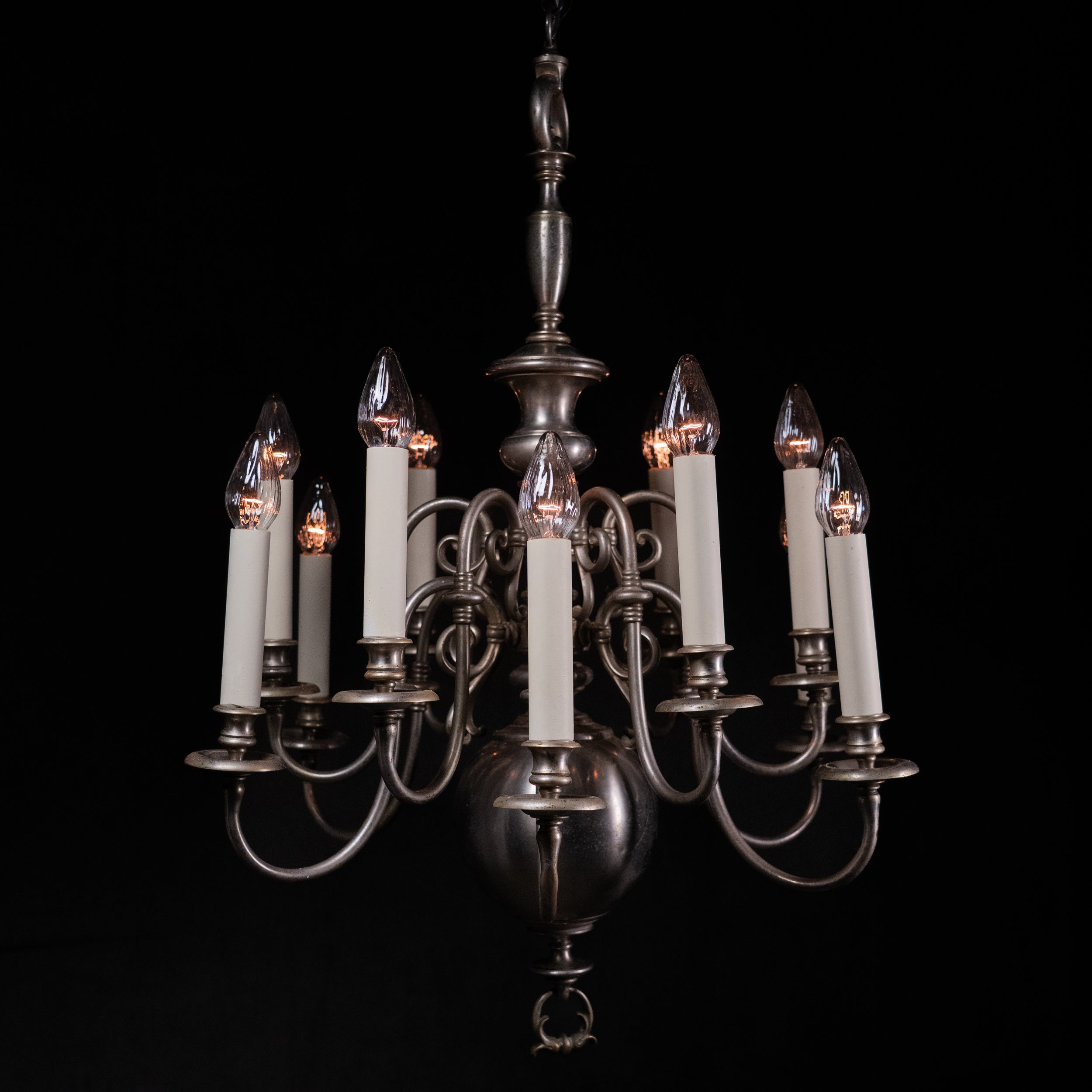 Antique Nickel Plated Brass Chandelier – 10 Light Chicago Salvage, c.1925–1935