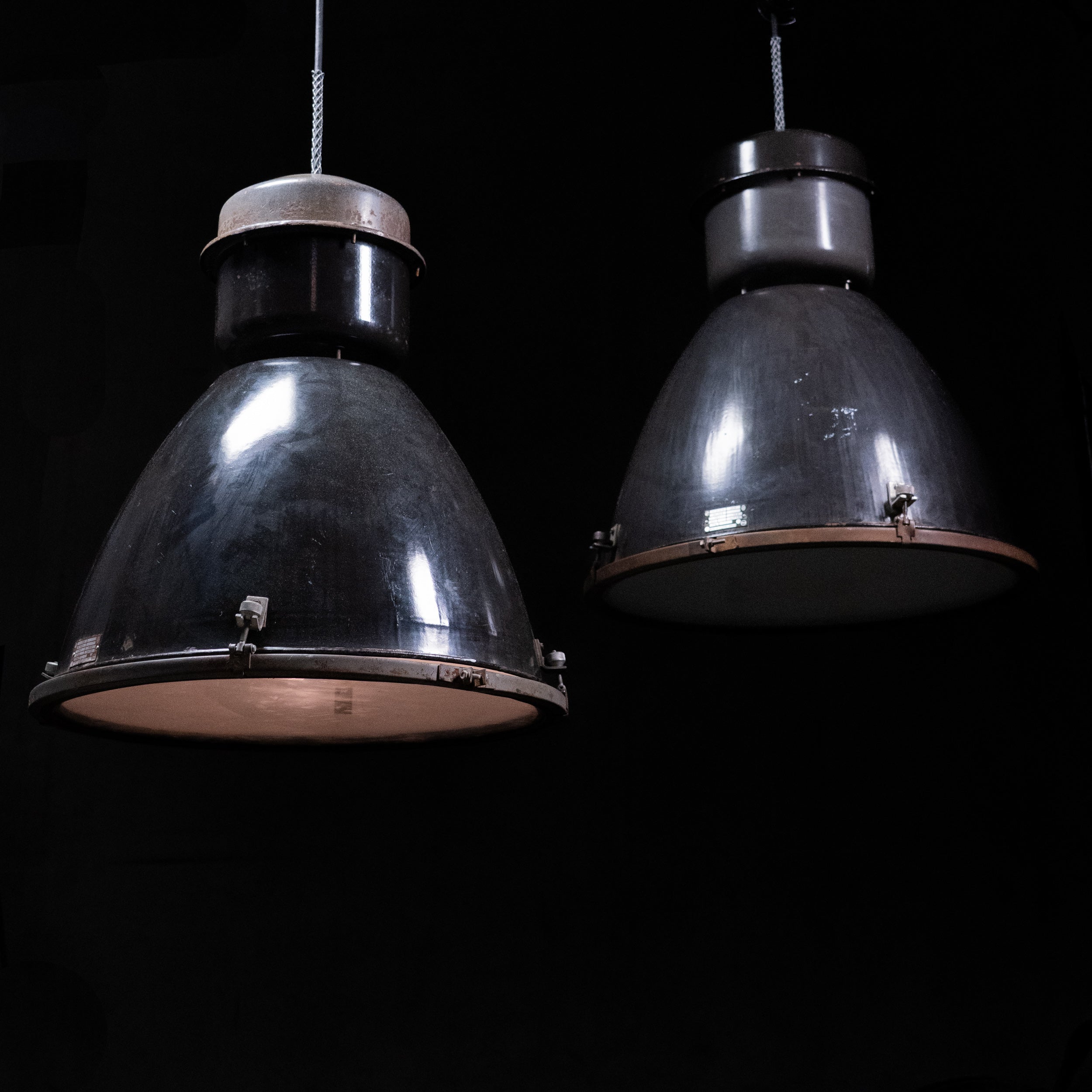 Vintage Tungsram large enamel Industrial Pendant Light, Czechoslovakia c.1950, Black Enamel Dome with Glass Lens