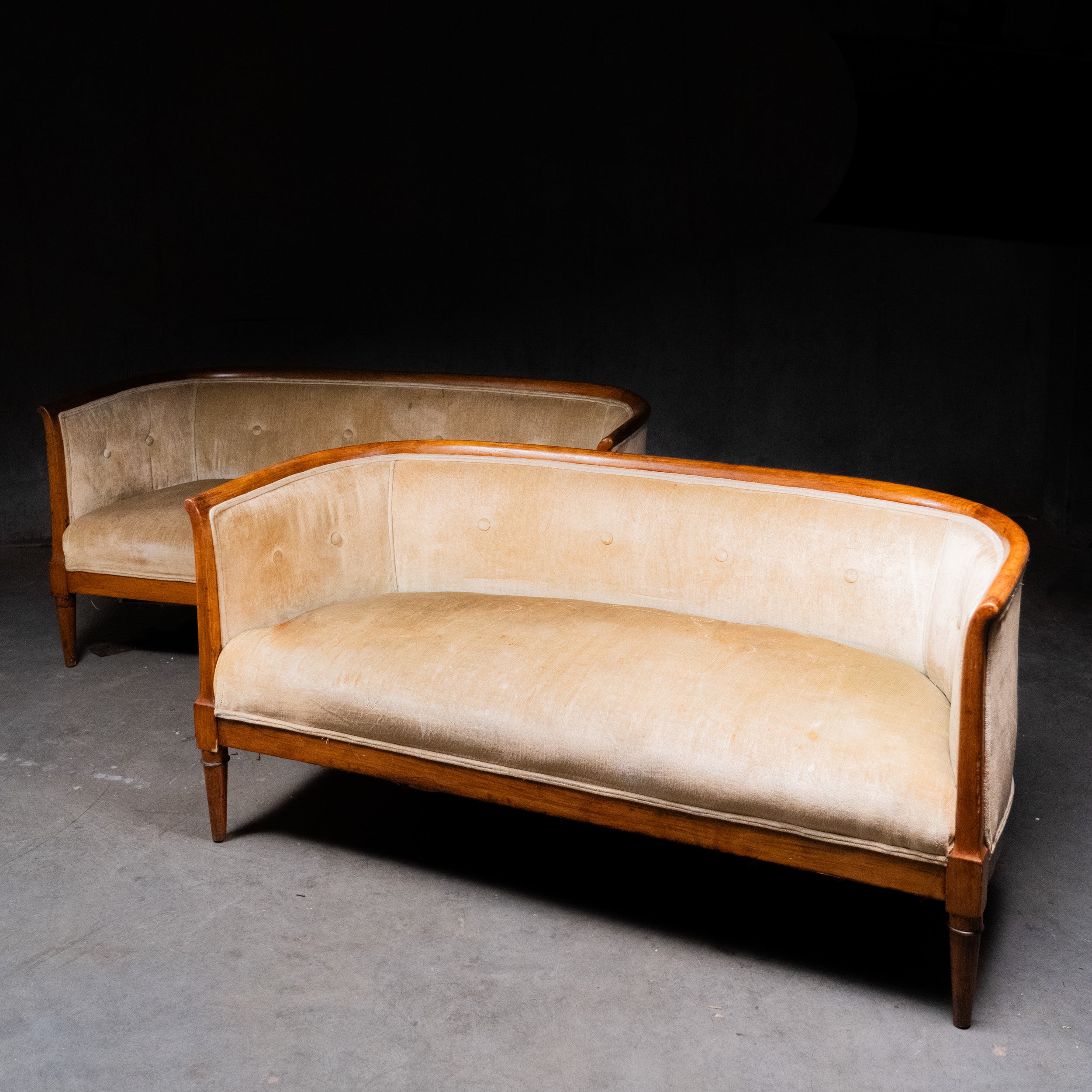 Pair Art Deco Curved Sofas Solid Wood Frame 1930s Barrel Back Settees